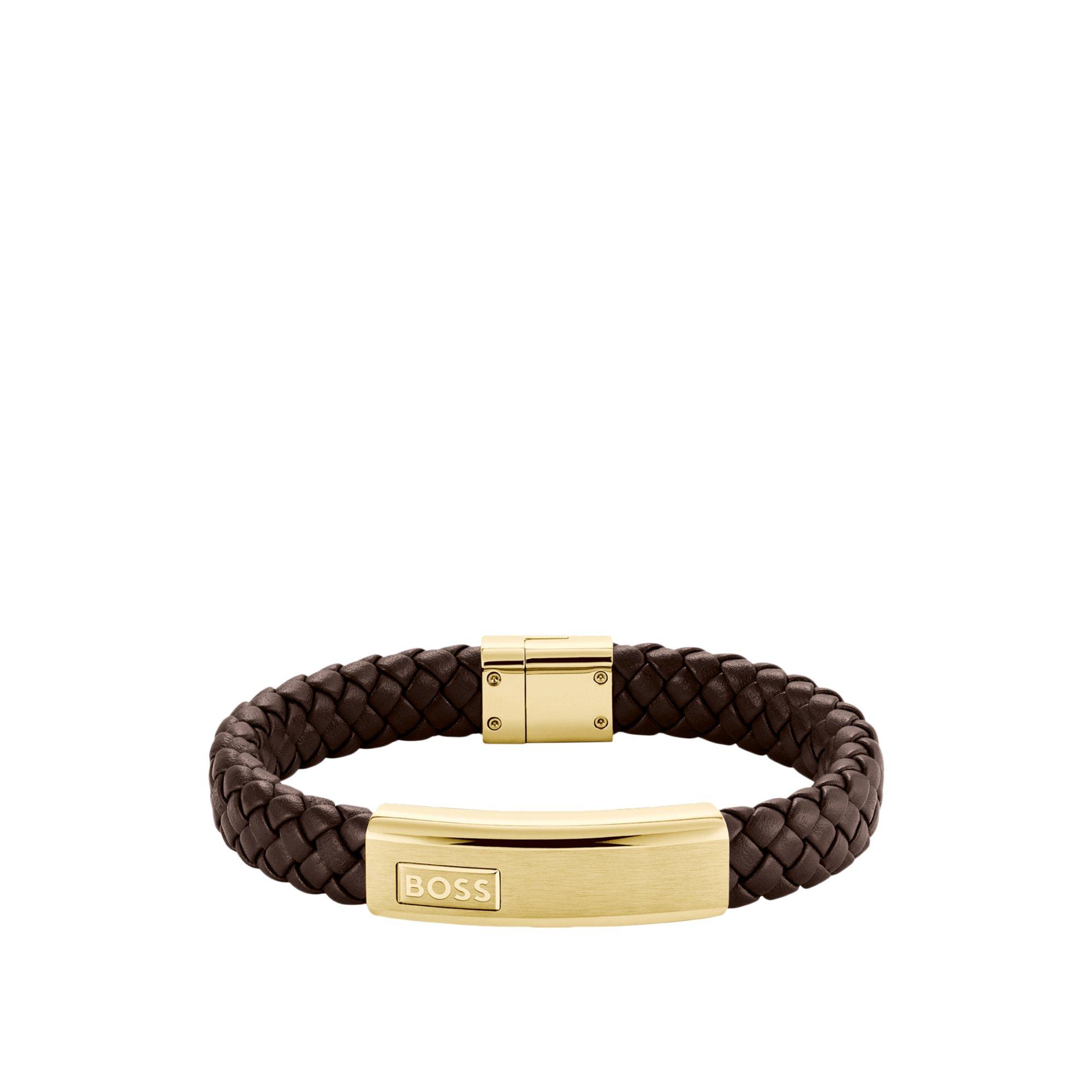 BOSS Braided-Leather Cuff With-Tone Logo Plate in Brown for Men