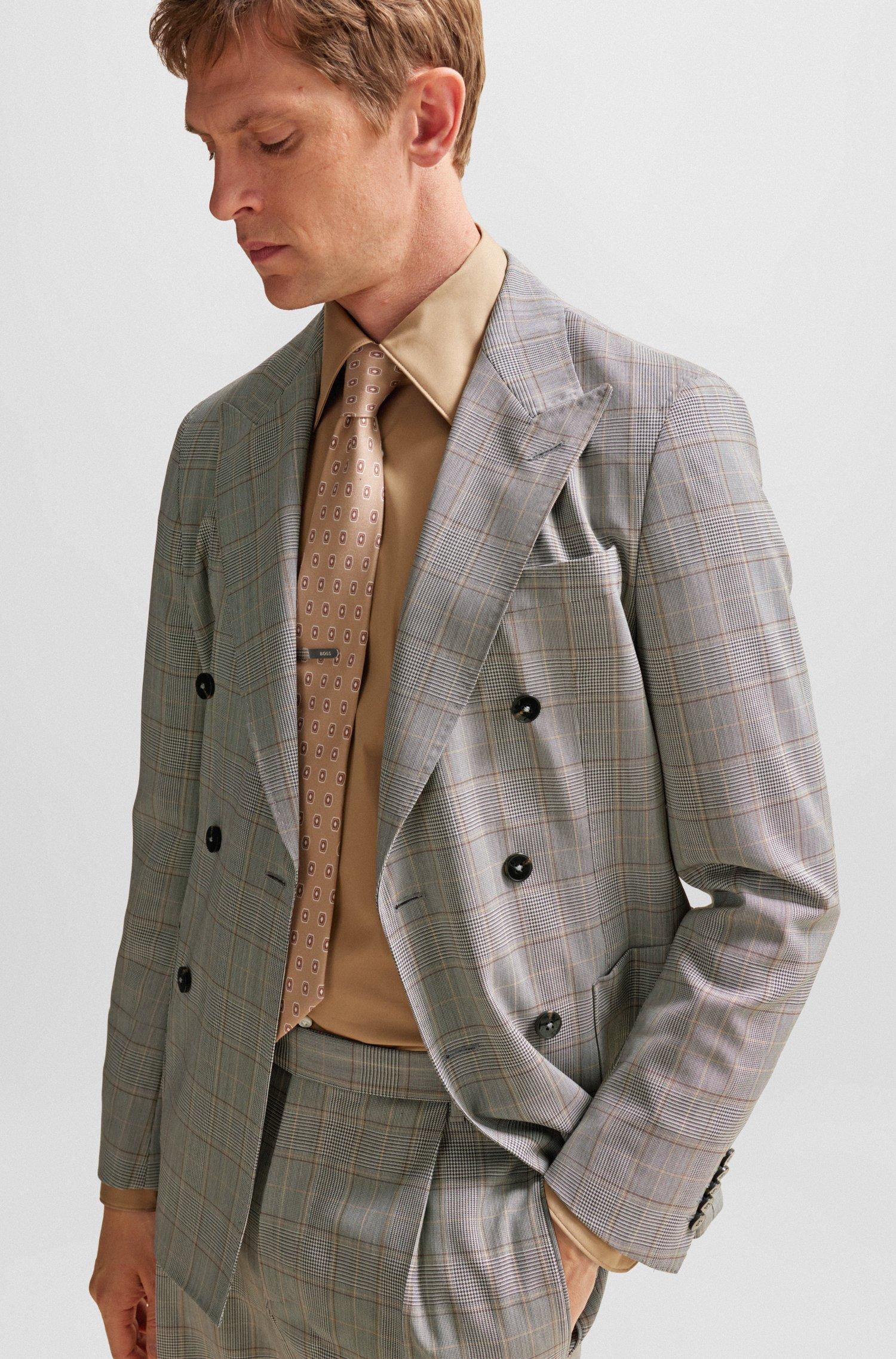 BOSS Double-breasted Slim-fit Suit In Checked Virgin Wool in Grey