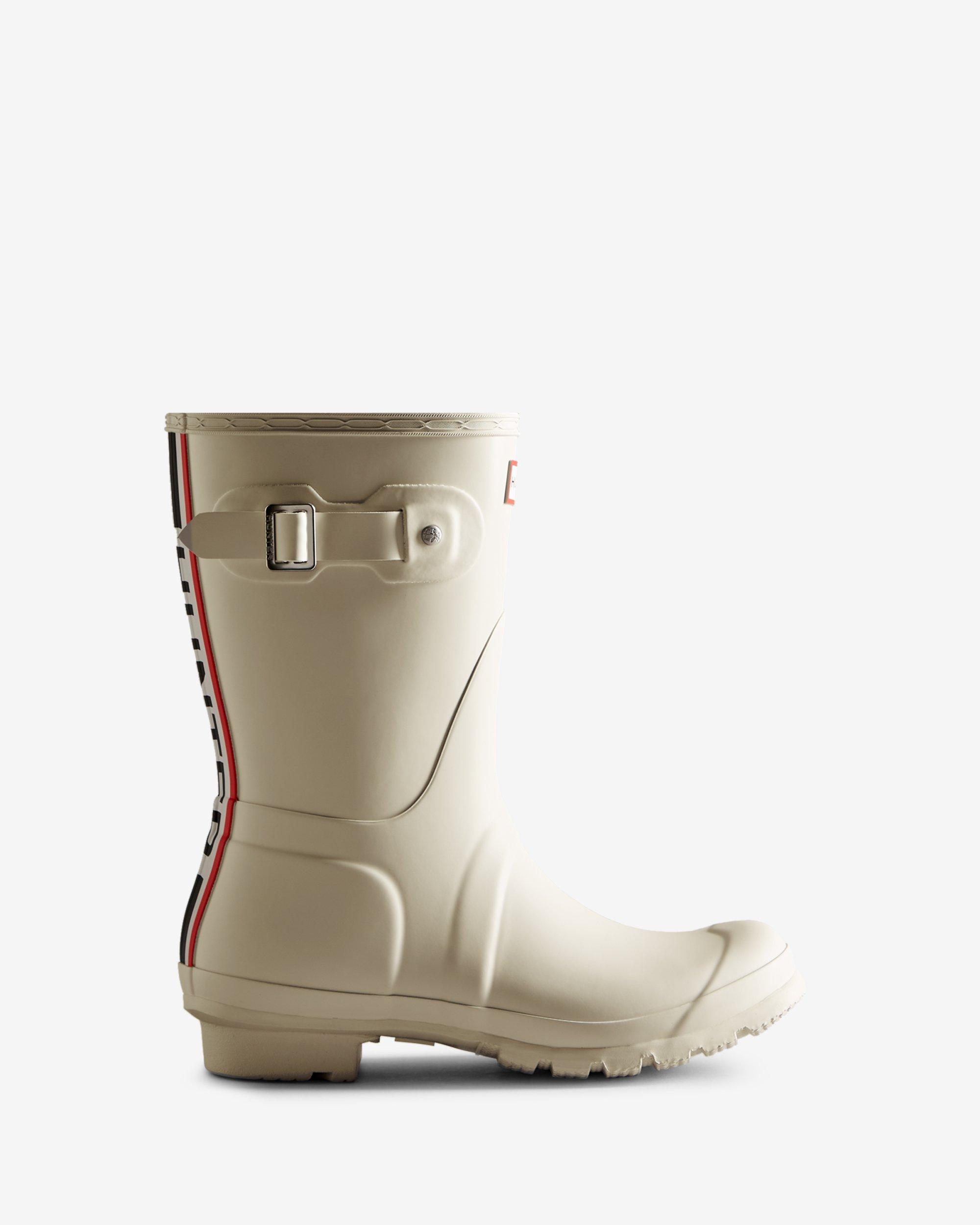 HUNTER Tri-colour Logo Backstrap Short Wellington Boots in White | Lyst
