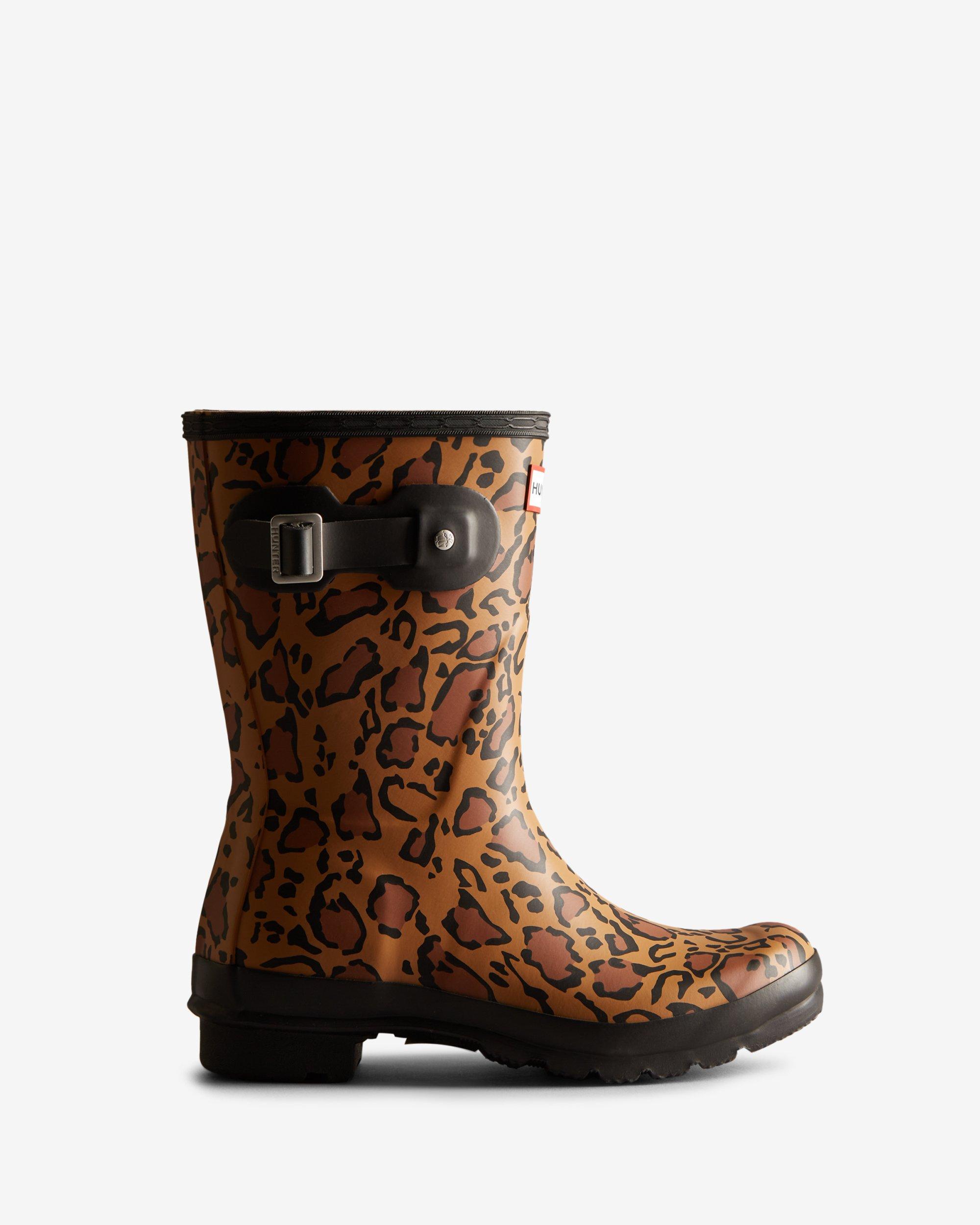 HUNTER Leopard Print Short Rain Boots in Brown | Lyst