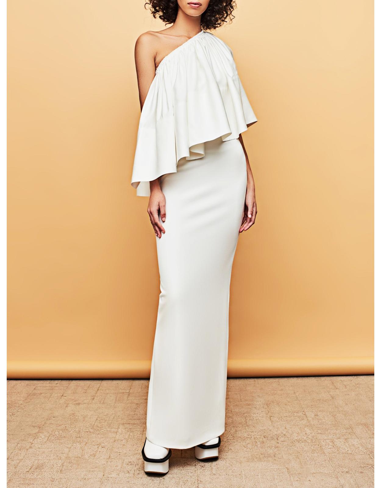 long sleeve one shoulder white dress