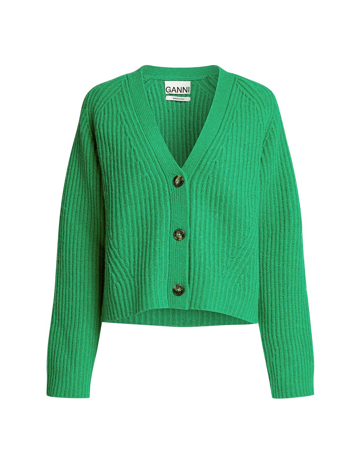 Ganni Recycled Wool Rib Knit Cardigan in Green - Lyst