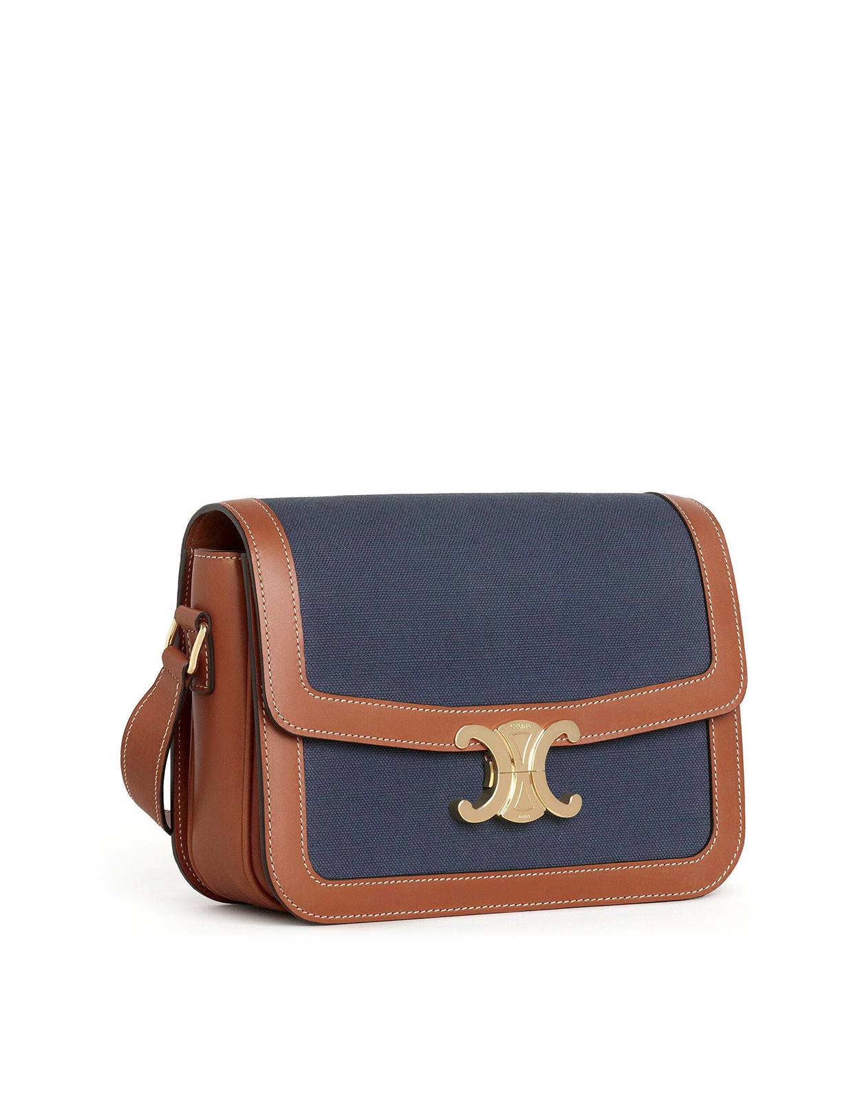 Celine Leather Medium Triomphe Bag In Textile And Calfskin in Navy/Tan ...