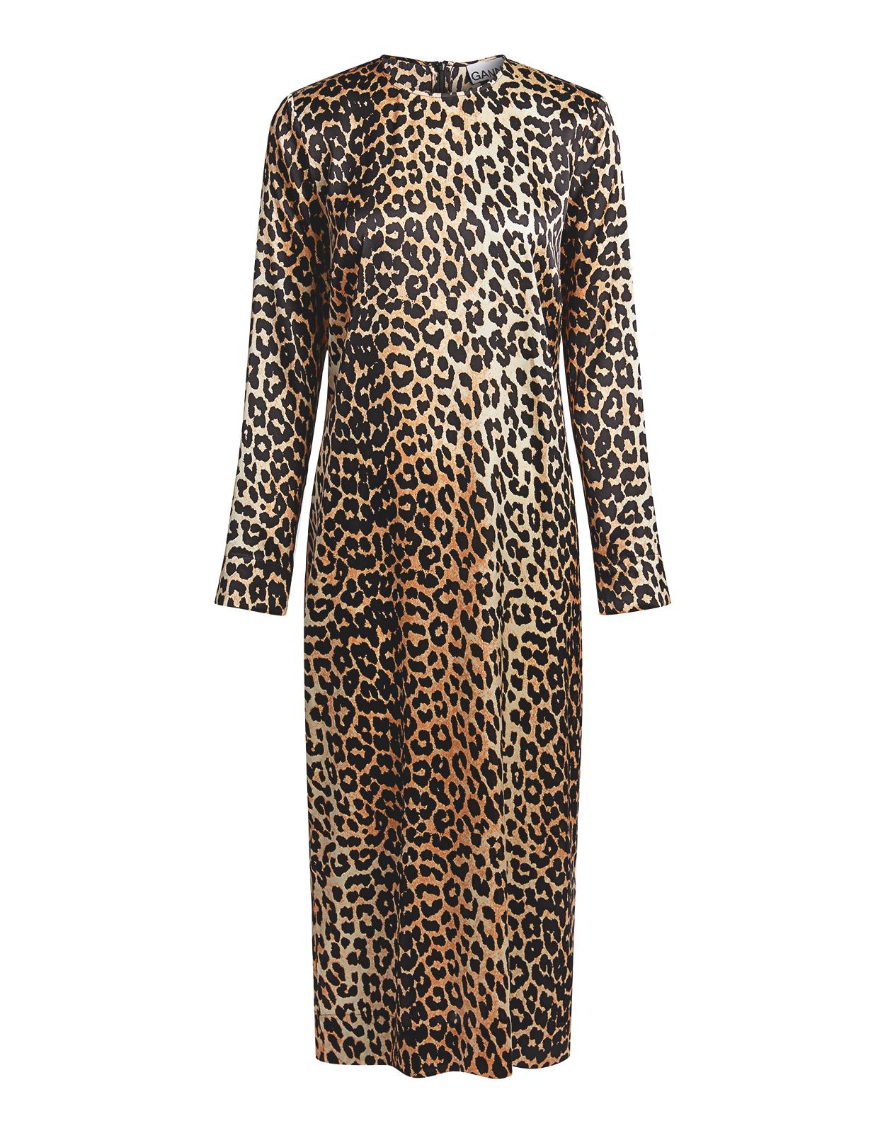 Ganni Leopard-print Silk-blend Satin Midi Dress - Lyst