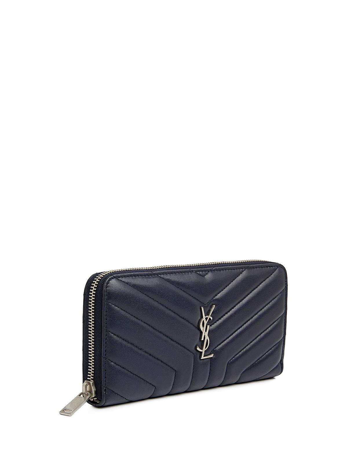 Saint Laurent Leather Monogram Ysl Quilted Zip Around Wallet in Dark