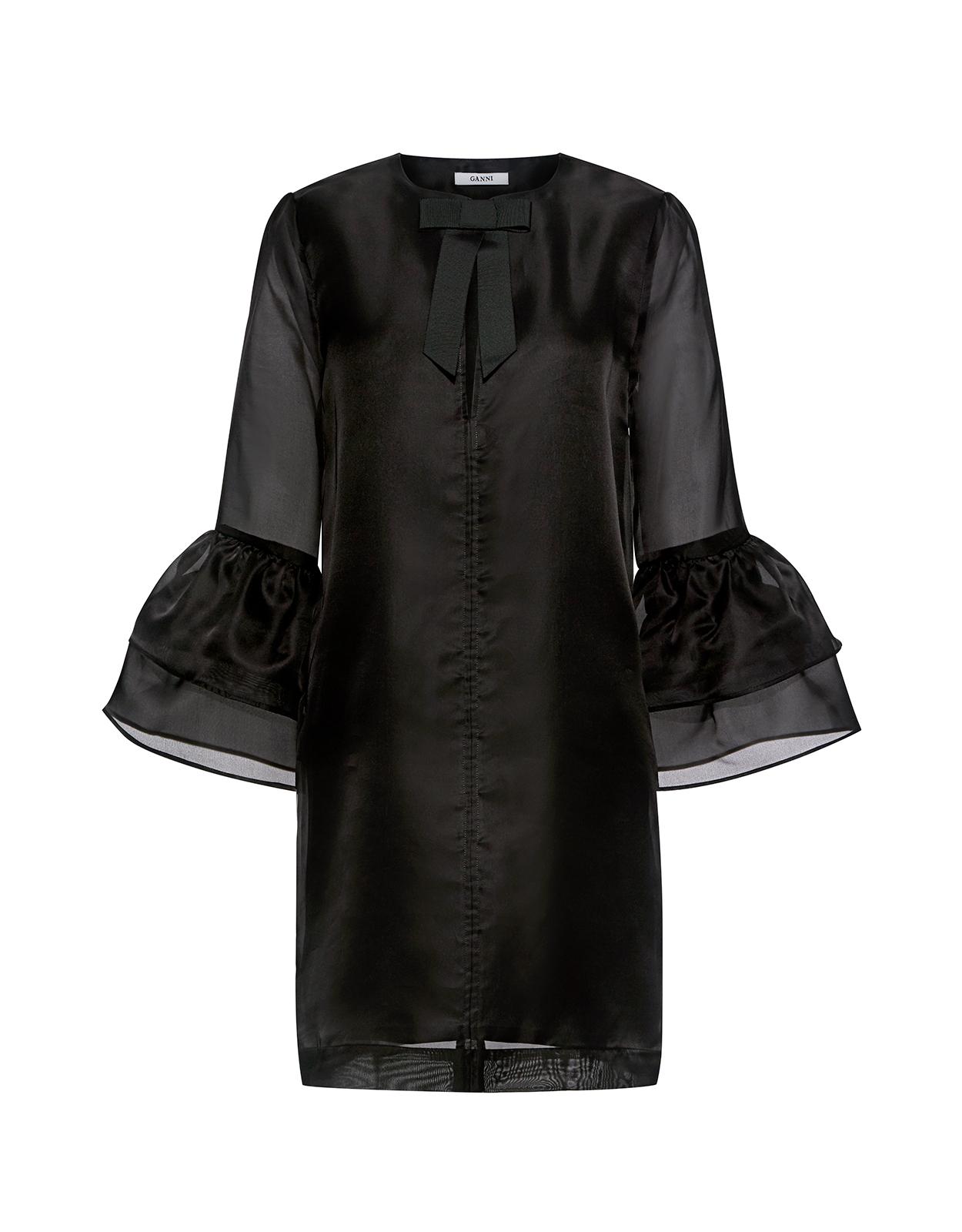 Ganni Silk Seneca Bell Sleeve Dress in Black - Lyst