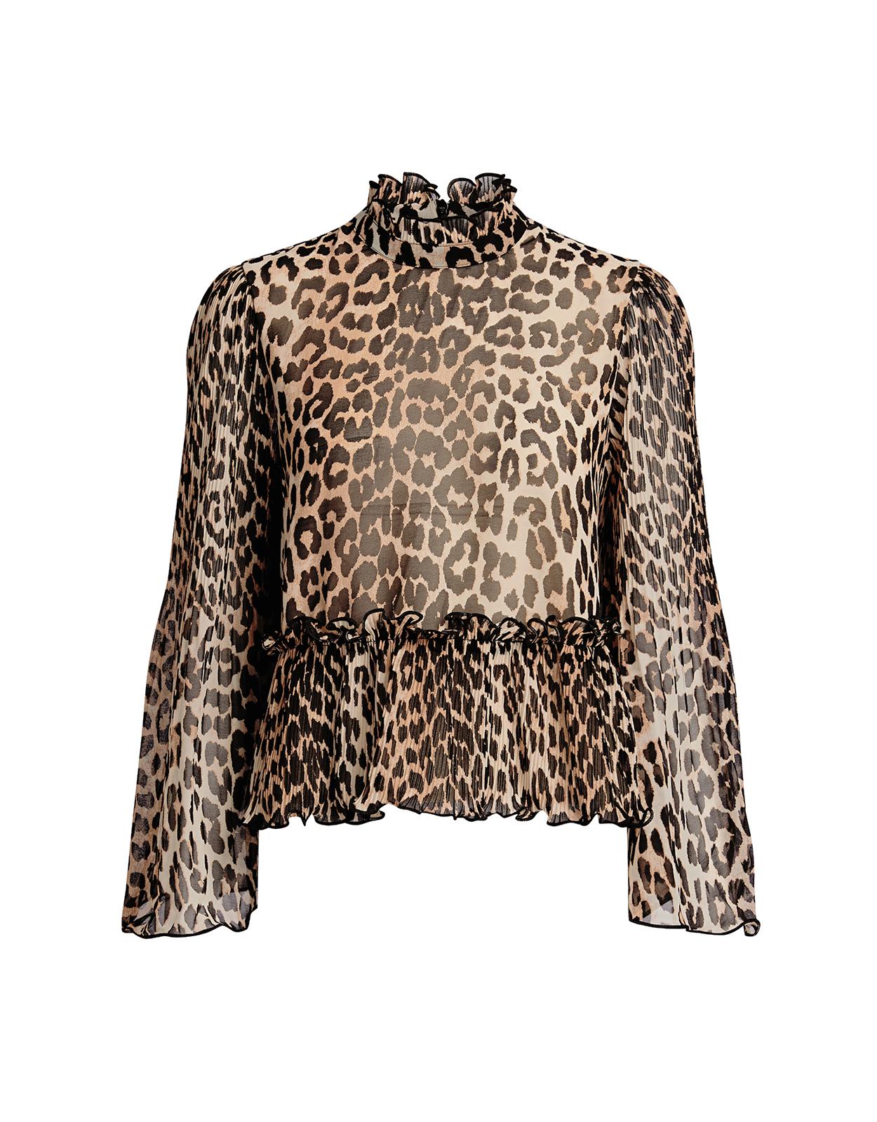 Ganni Synthetic Leopard Georgette Ruffle Cropped Blouse - Lyst
