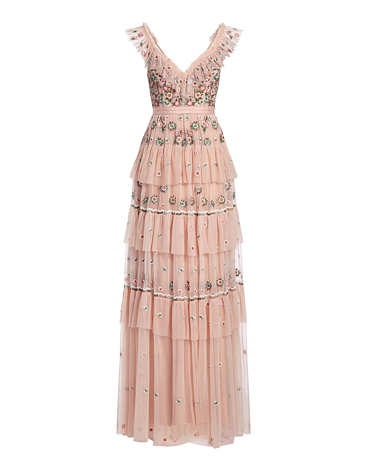Needle & Thread Whimsical Ruffled Embroidered Tulle Maxi Dress in Pink