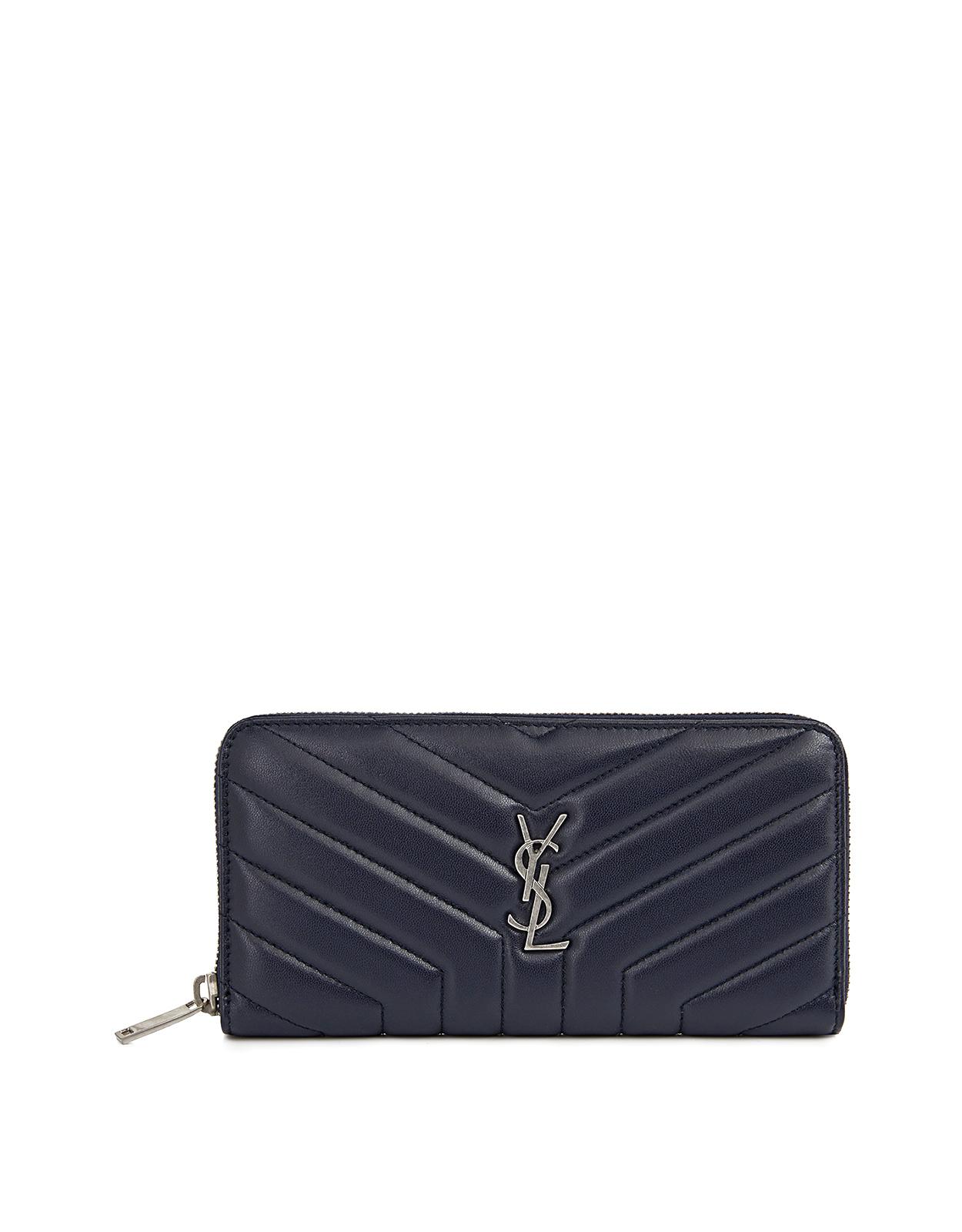 Saint Laurent Leather Monogram Ysl Quilted Zip Around Wallet in Dark