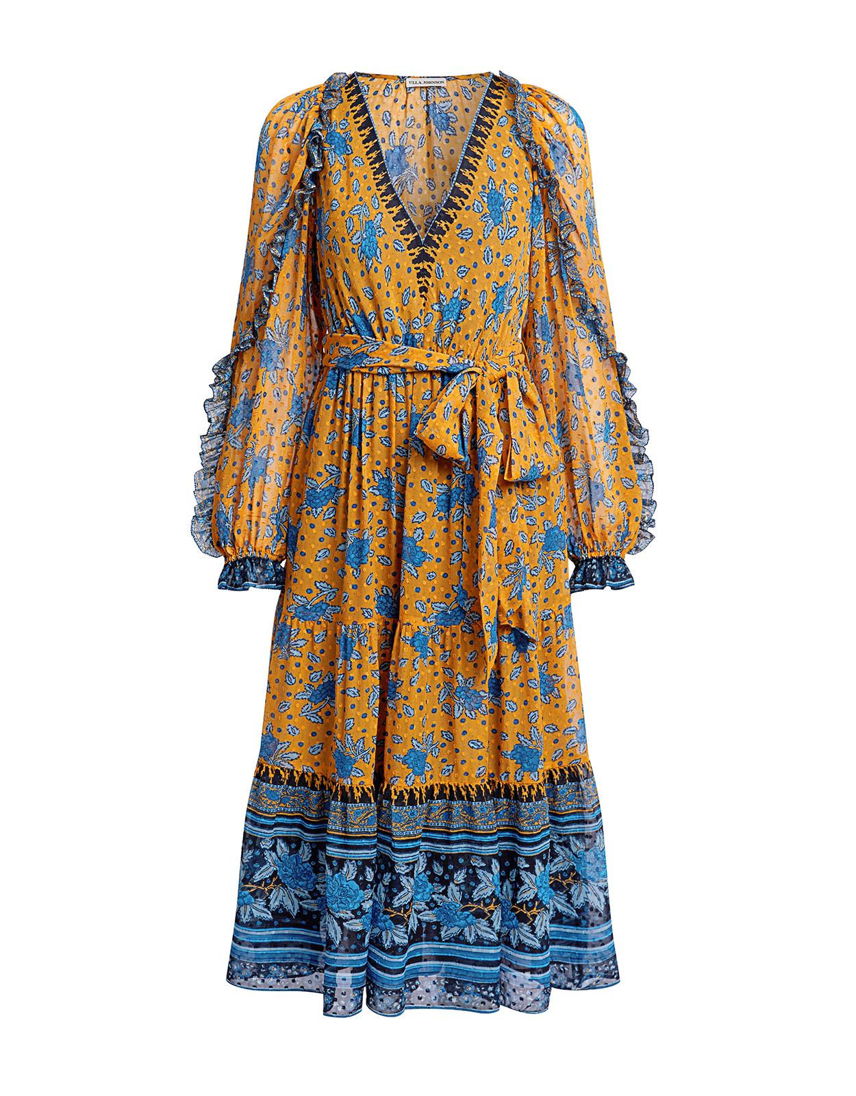 Ulla Johnson Silk Romilly V-neck Floral Midi Dress in Yellow/Blue (Blue ...