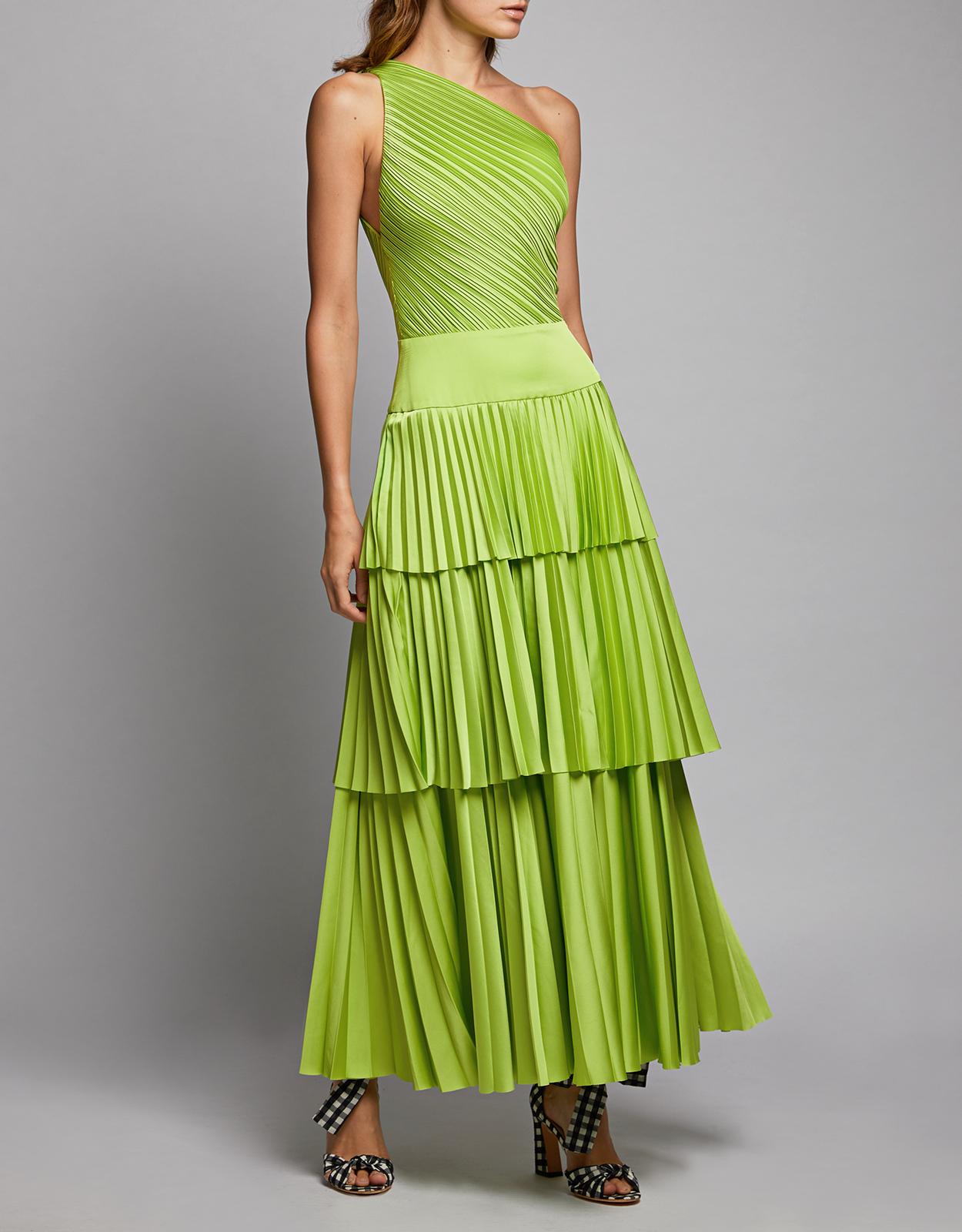 Solace London Satin Larrisa One-shoulder Pleated Maxi Dress in Green - Lyst