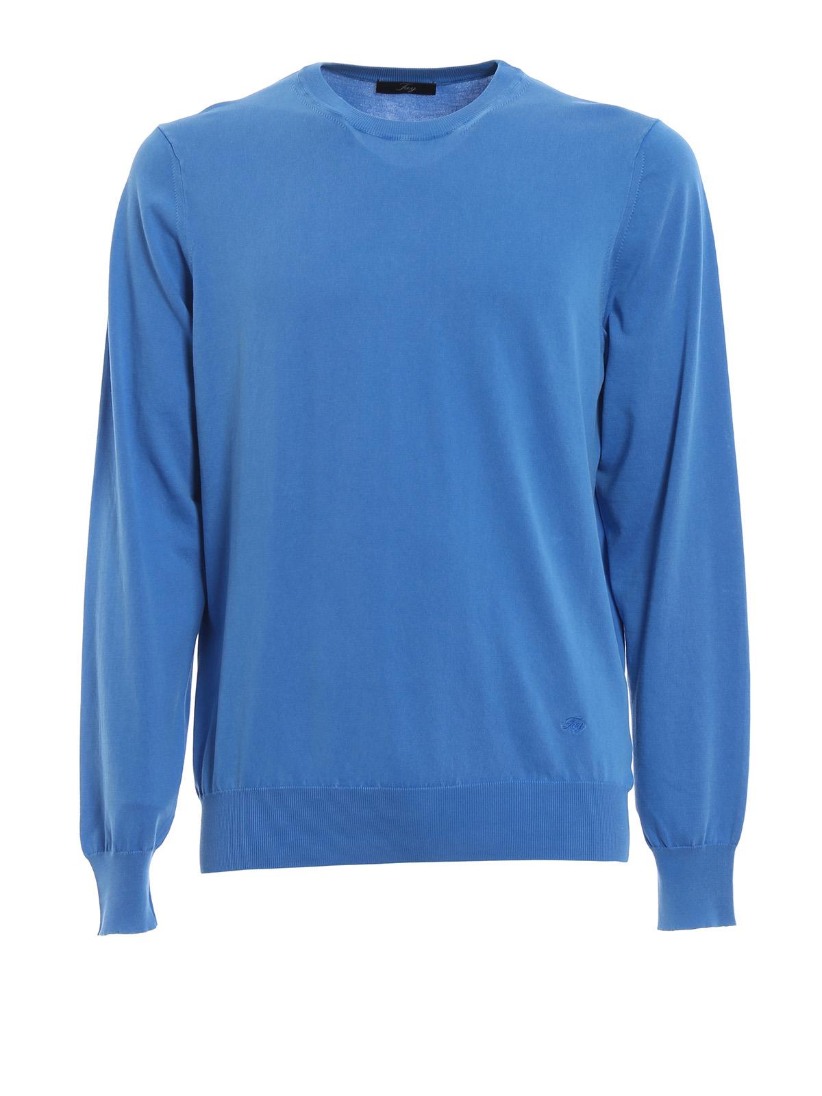 Fay Light Blue Cotton Crew-neck Sweater for Men - Lyst