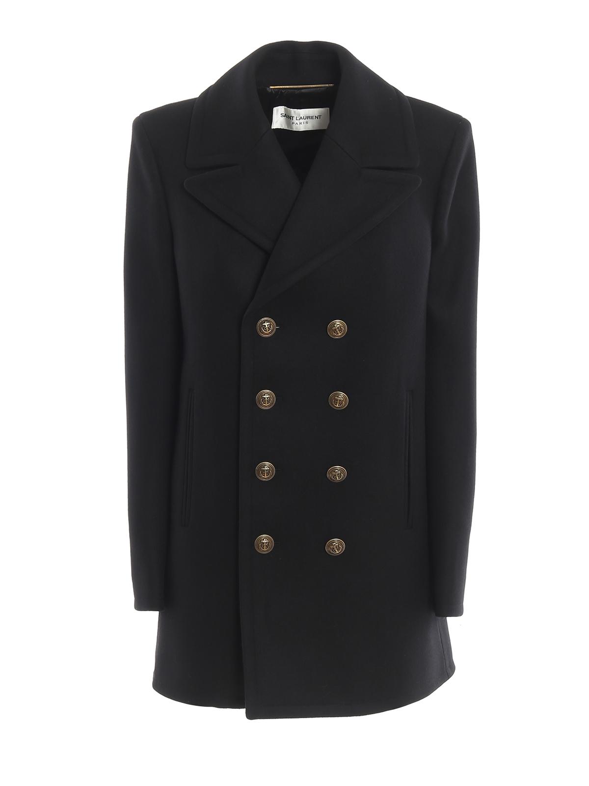 Saint Laurent Wool Felt Straight Hem Pea Coat in Black - Lyst