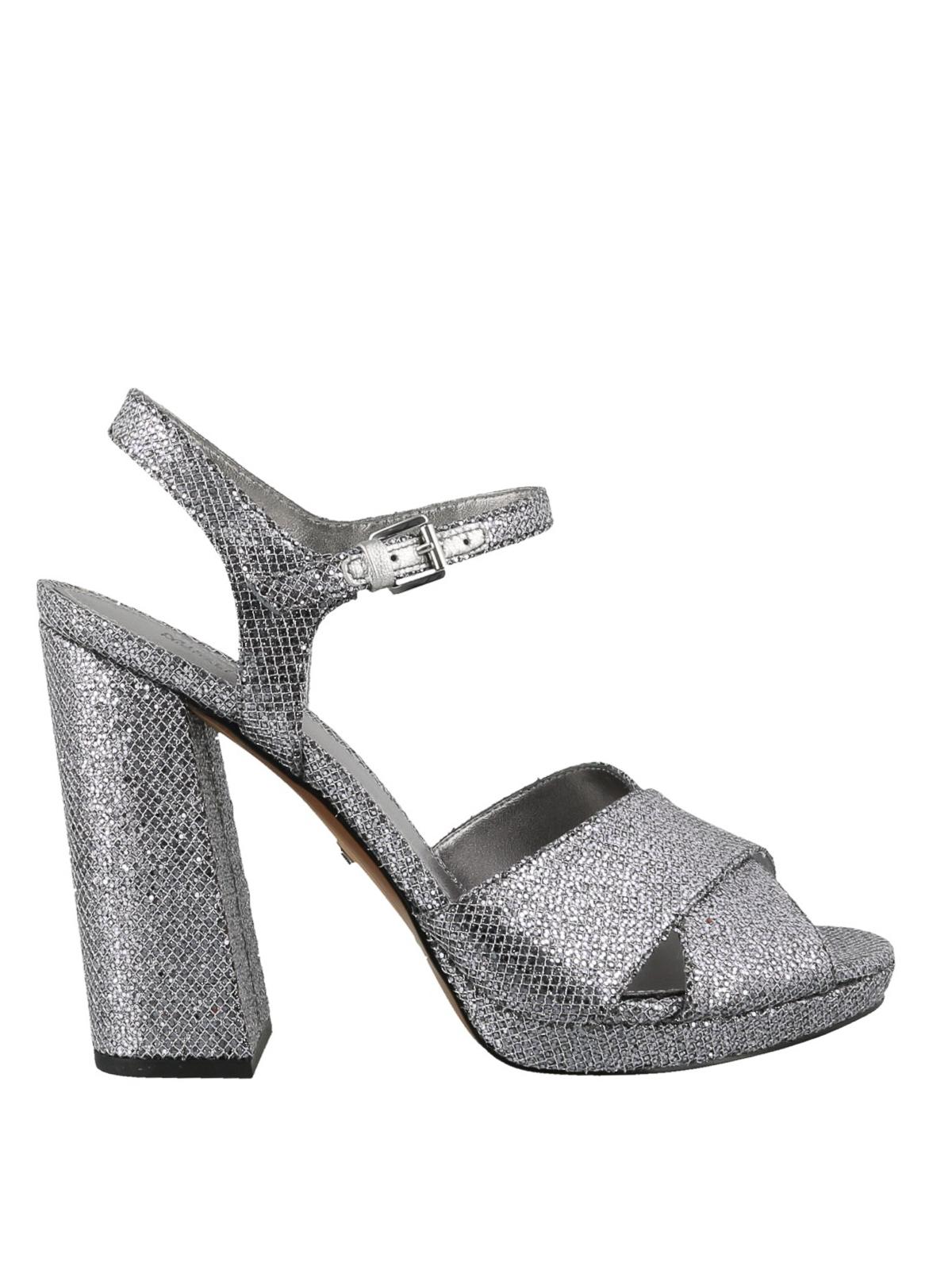 Michael Kors Leather Alexia Glittering Silver Platform Sandals in ...