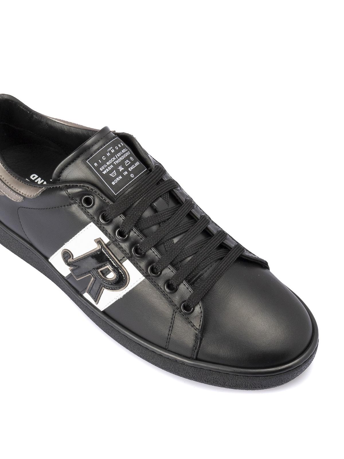 John Richmond Side Contrasting Stripe Leather Sneakers in Black for Men ...