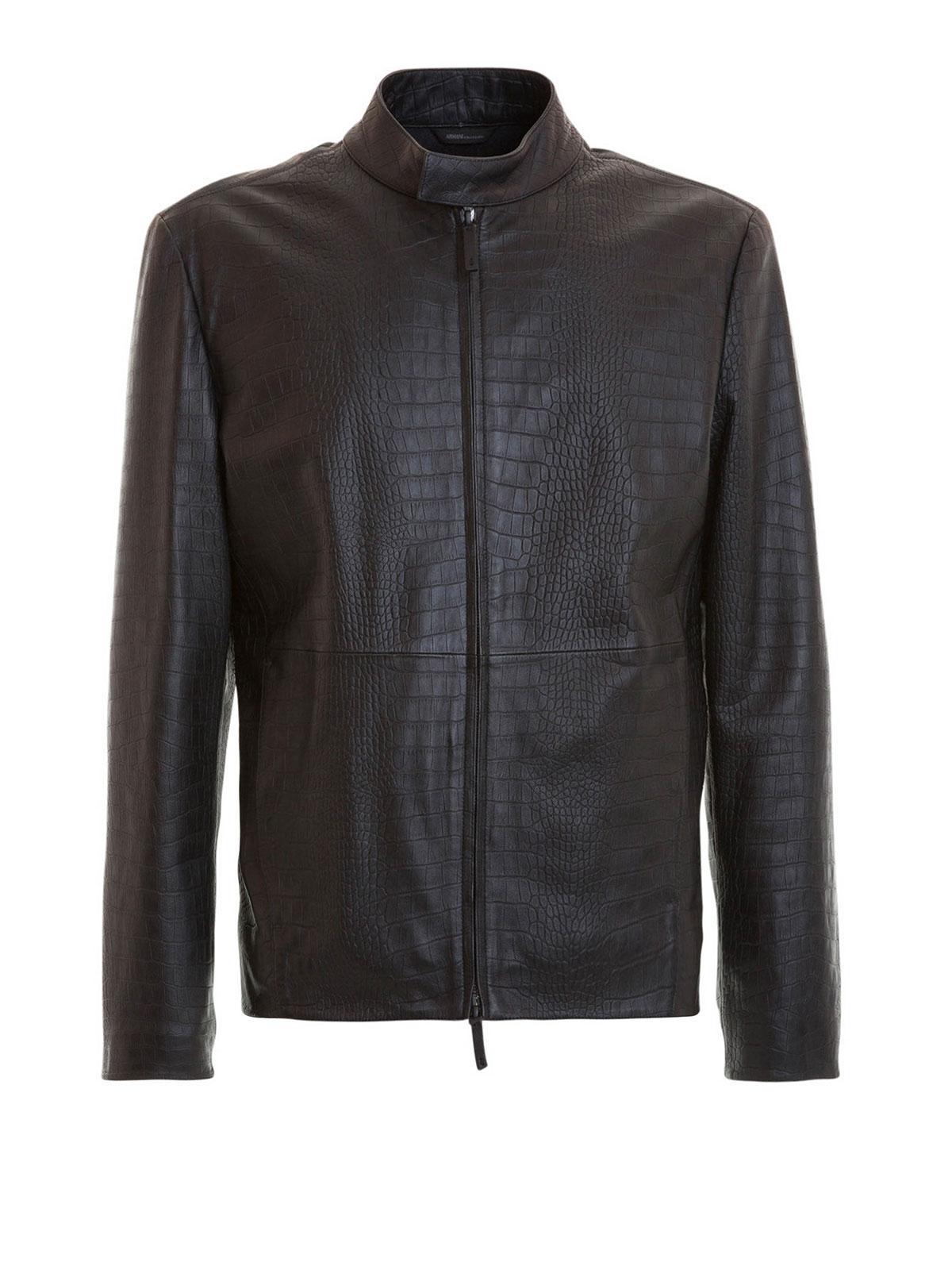 Armani Embossed Cocco Print Leather Jacket in Black for Men Lyst