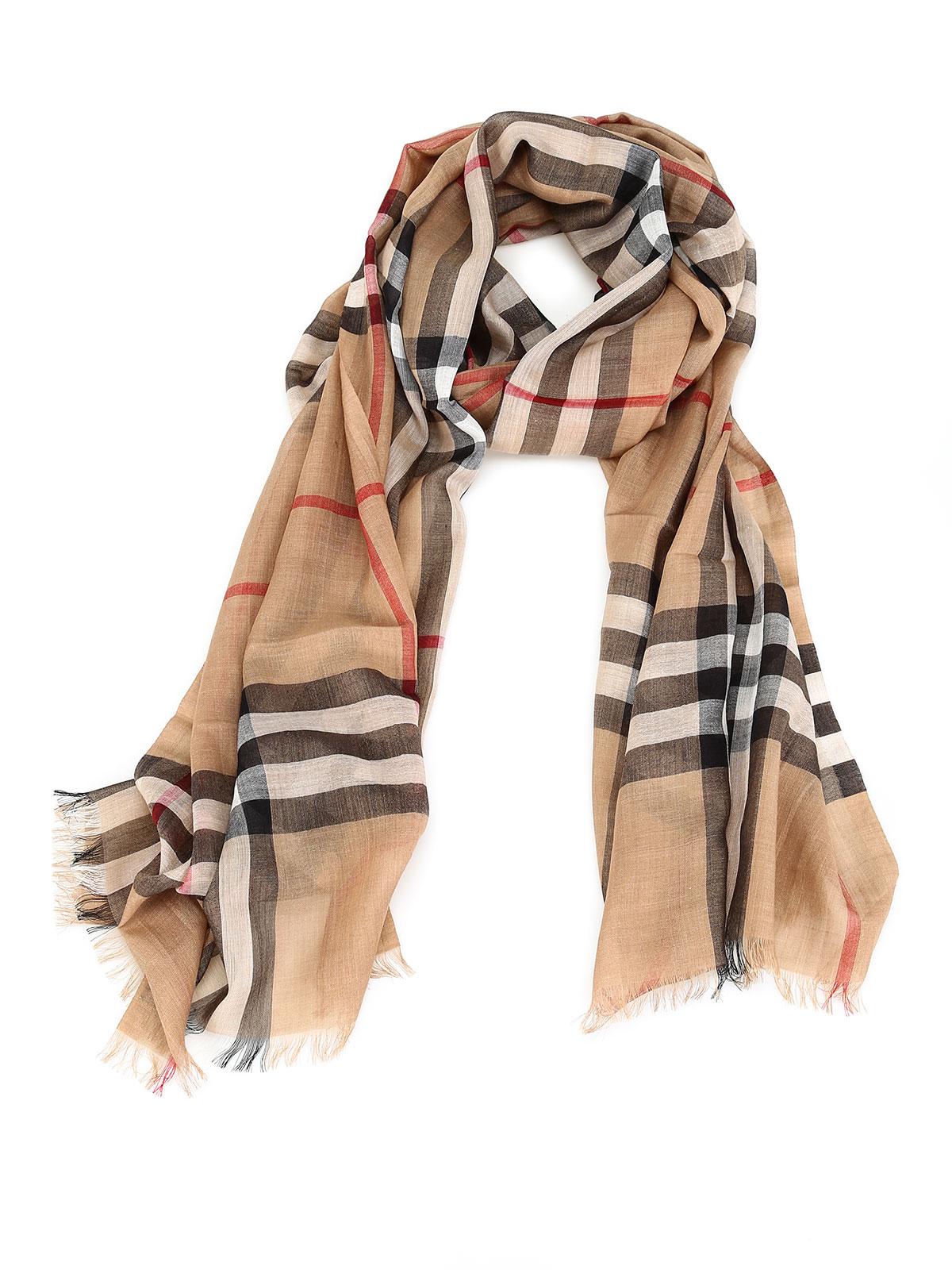 Burberry Giant Check Wool-silk Gouze Scarf Camel Check in Beige ...