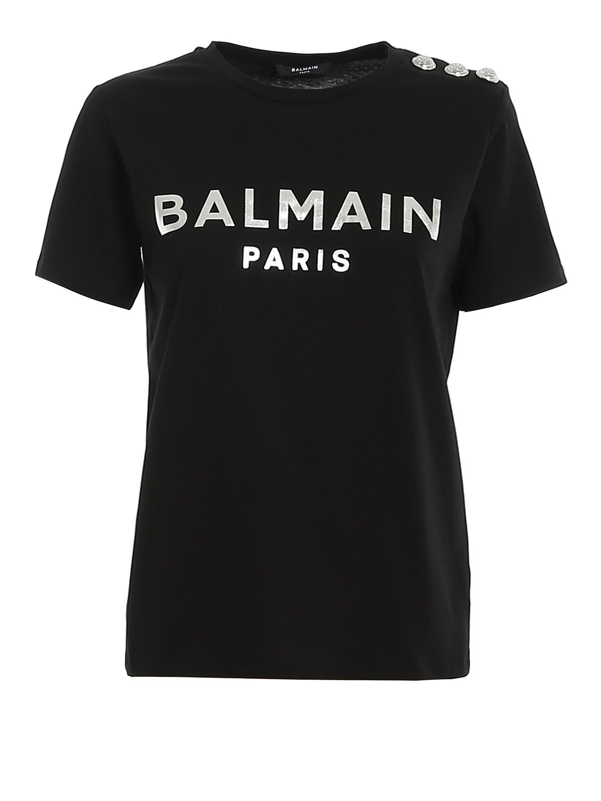 Balmain Cotton Logo T-shirt With Silver Buttons in Black - Lyst