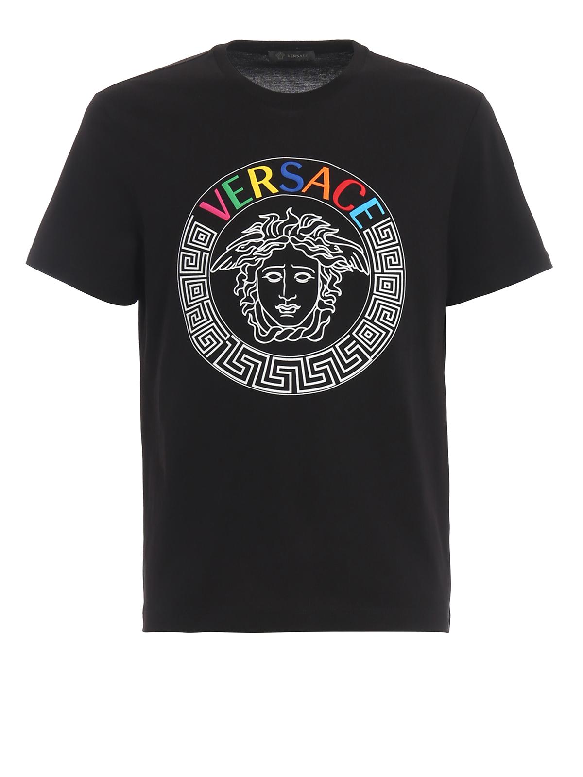 Versace Cotton Rainbow Logo Embroidery Black Tee for Men - Lyst