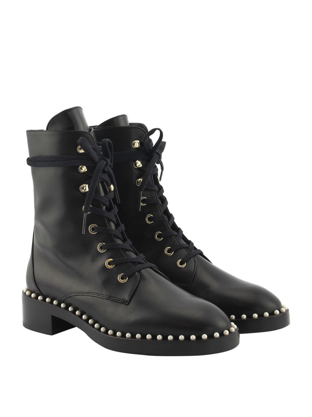 Stuart Weitzman Allie Bead Embellished Leather Combat Boots in Black - Lyst