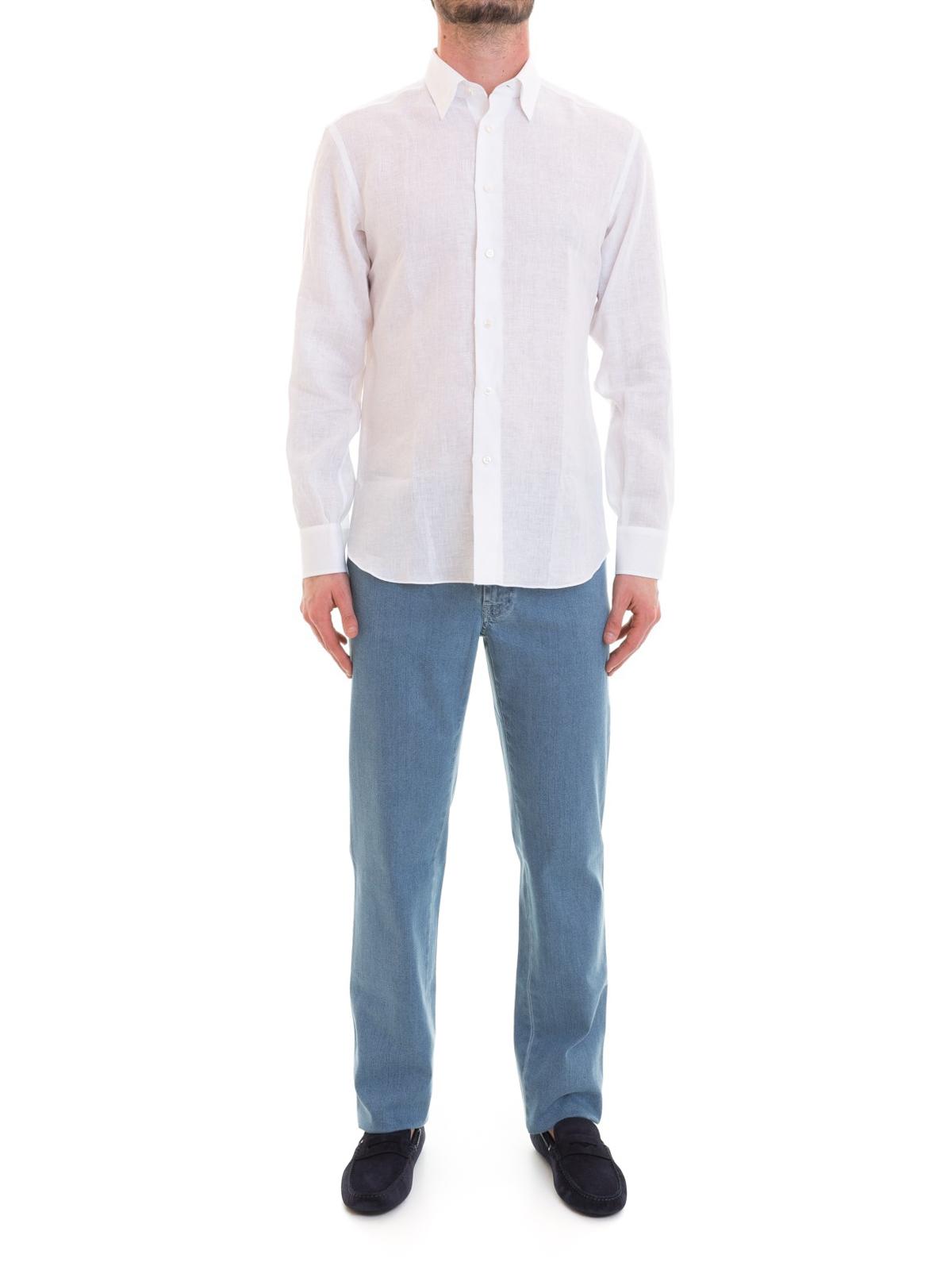 Brioni Long Sleeved White Linen Shirt for Men - Lyst