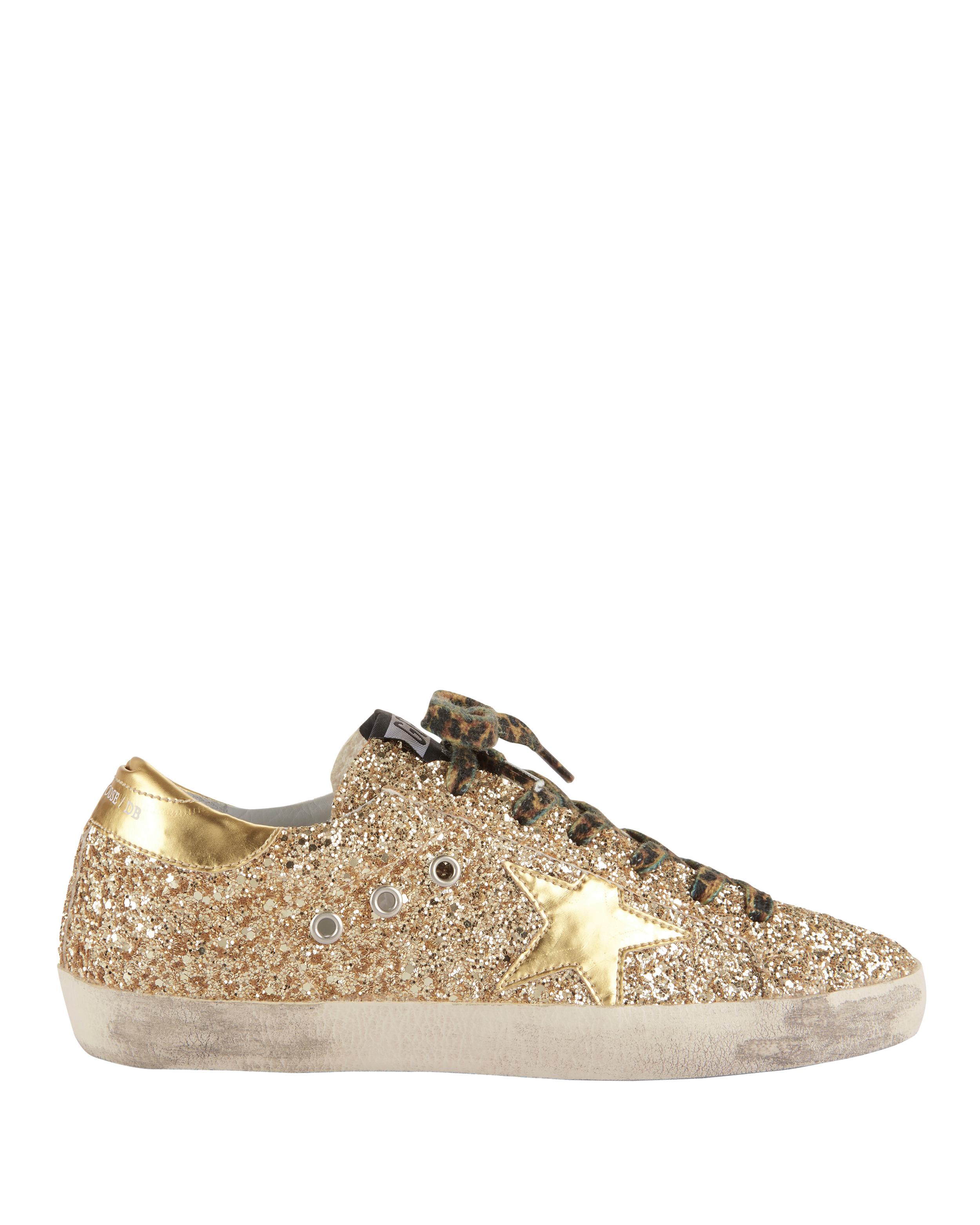 Golden Goose Superstar Leopard Lace Gold Glitter Sneakers in