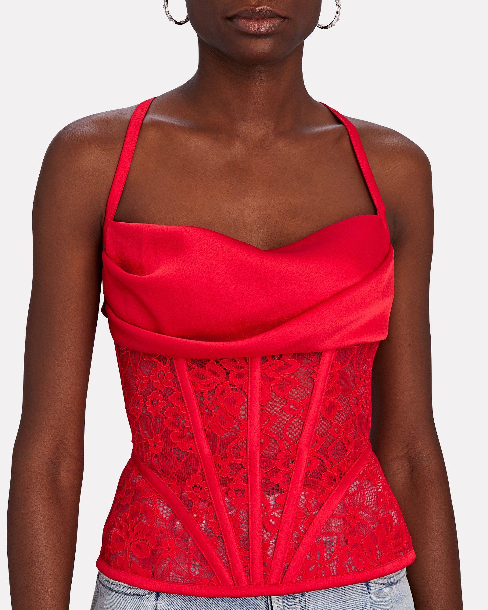 Rozie Corsets Draped Satin-lace Corset Top in Red