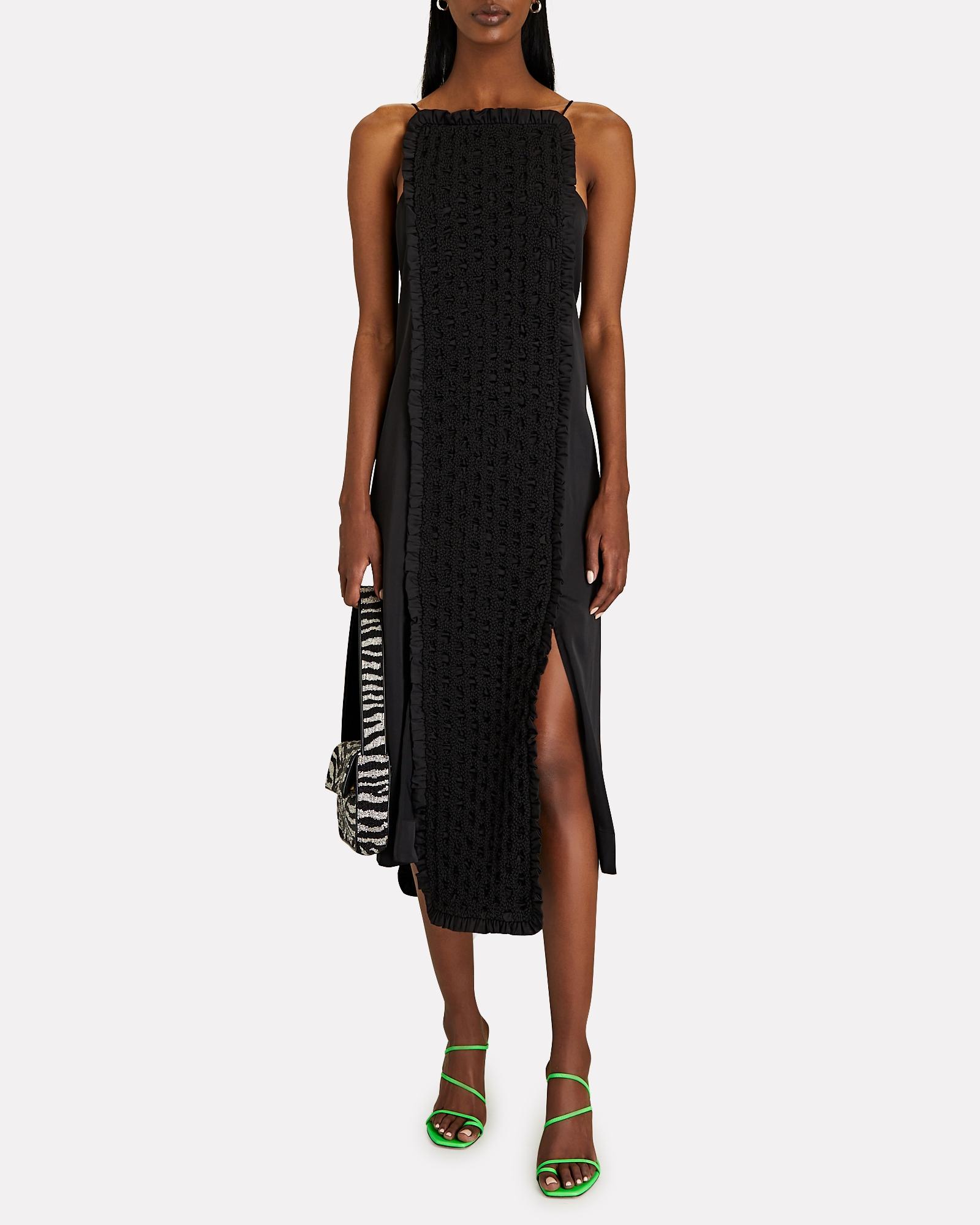 Ganni Smocked Satin Midi Slip Dress in 