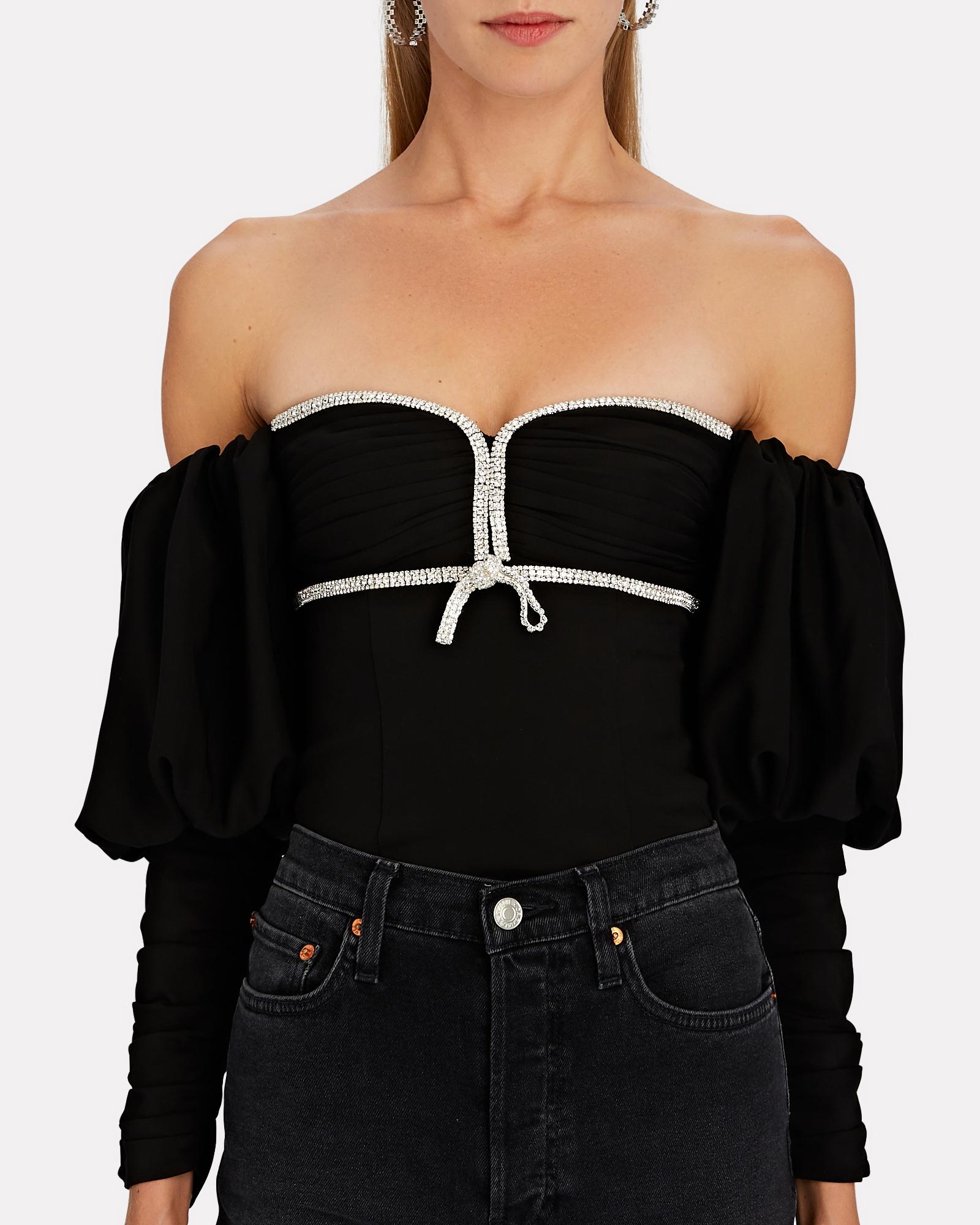 Self-Portrait Off-the-shoulder Puff Sleeve Top in Black | Lyst