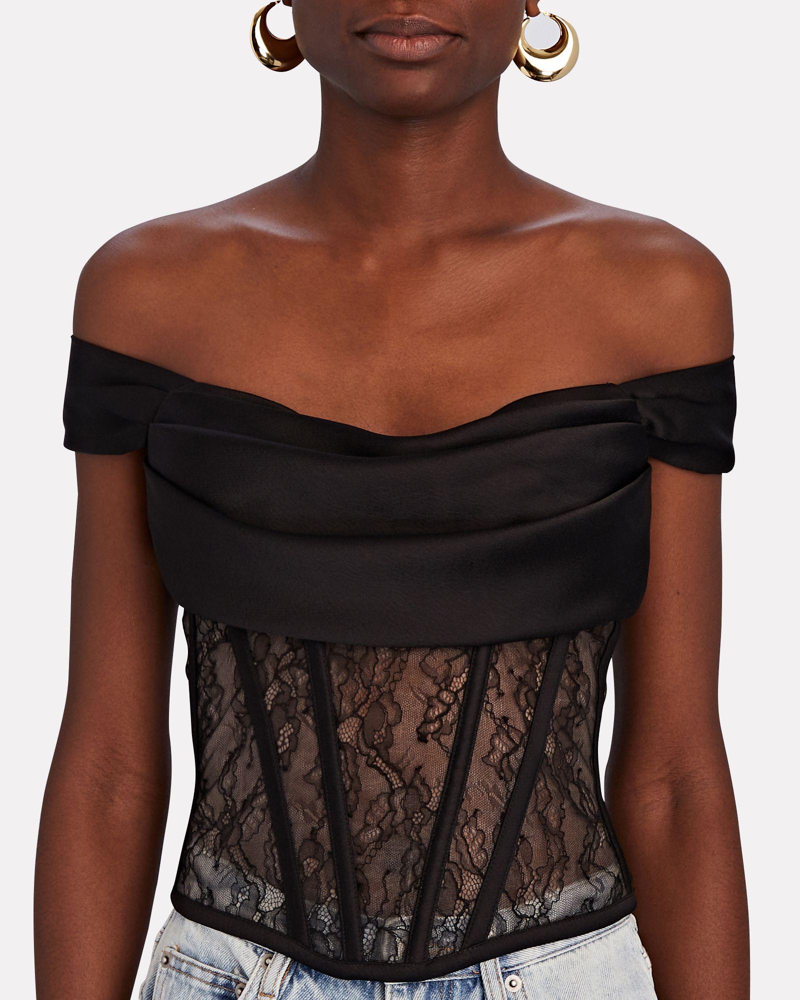 Rozie Corsets Draped Satin-lace Bustier Top in Black