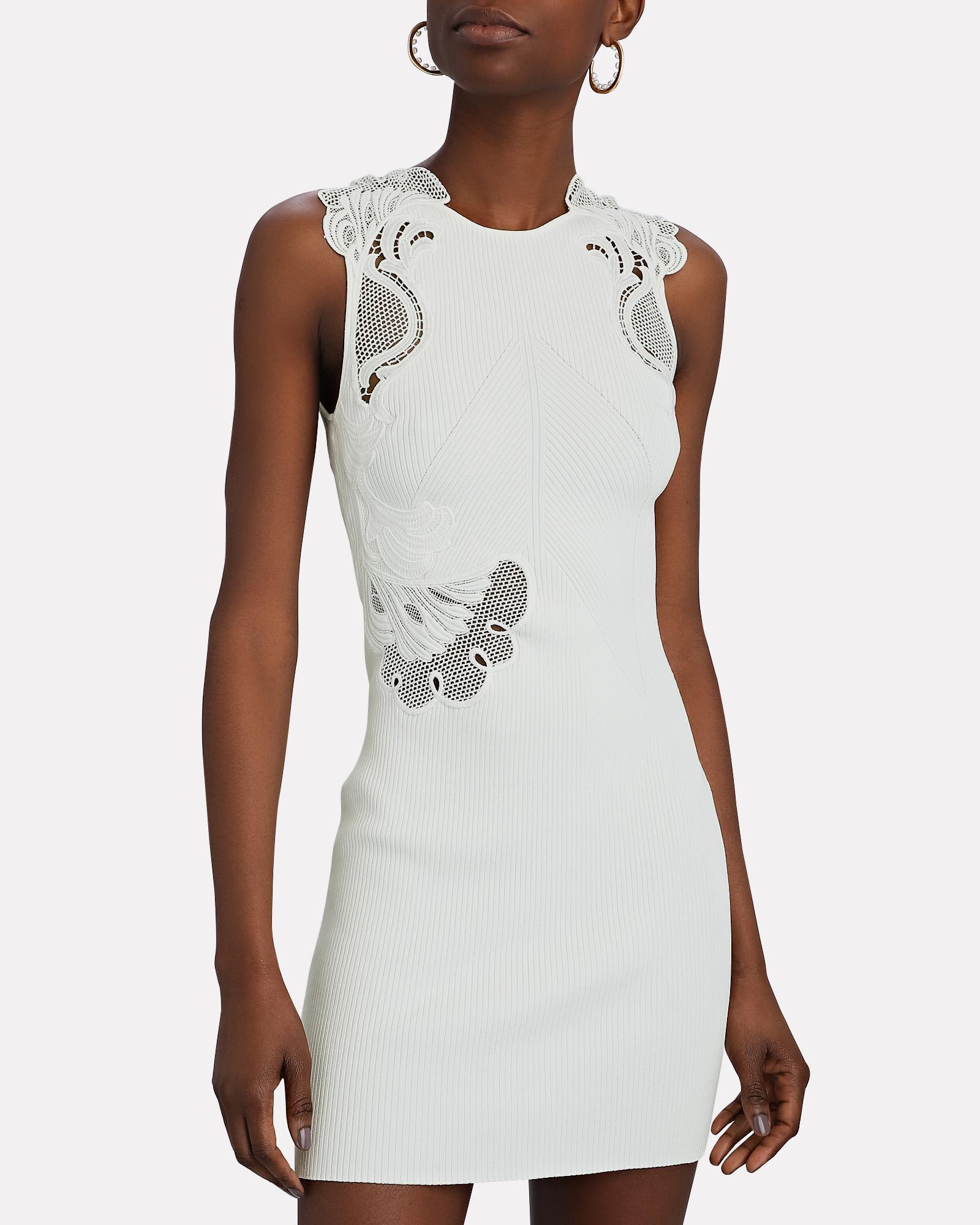 Self-Portrait Lace-appliquéd Rib Knit Mini Dress in White | Lyst