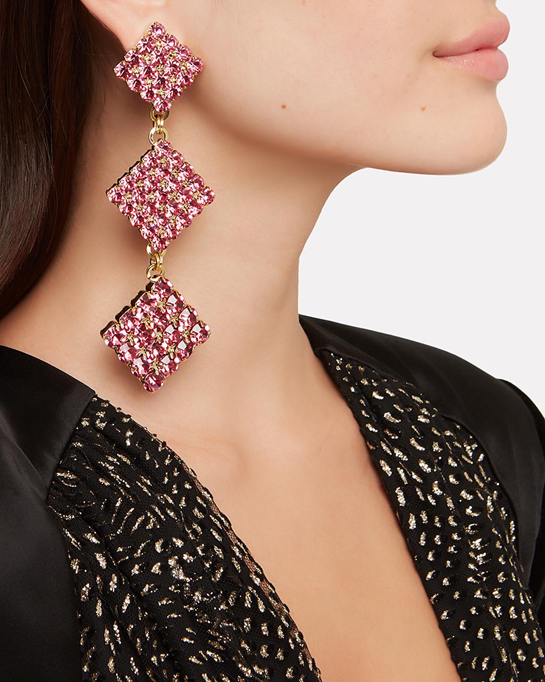 Alessandra Rich Long Crystal Diamond Earrings in Pink ...