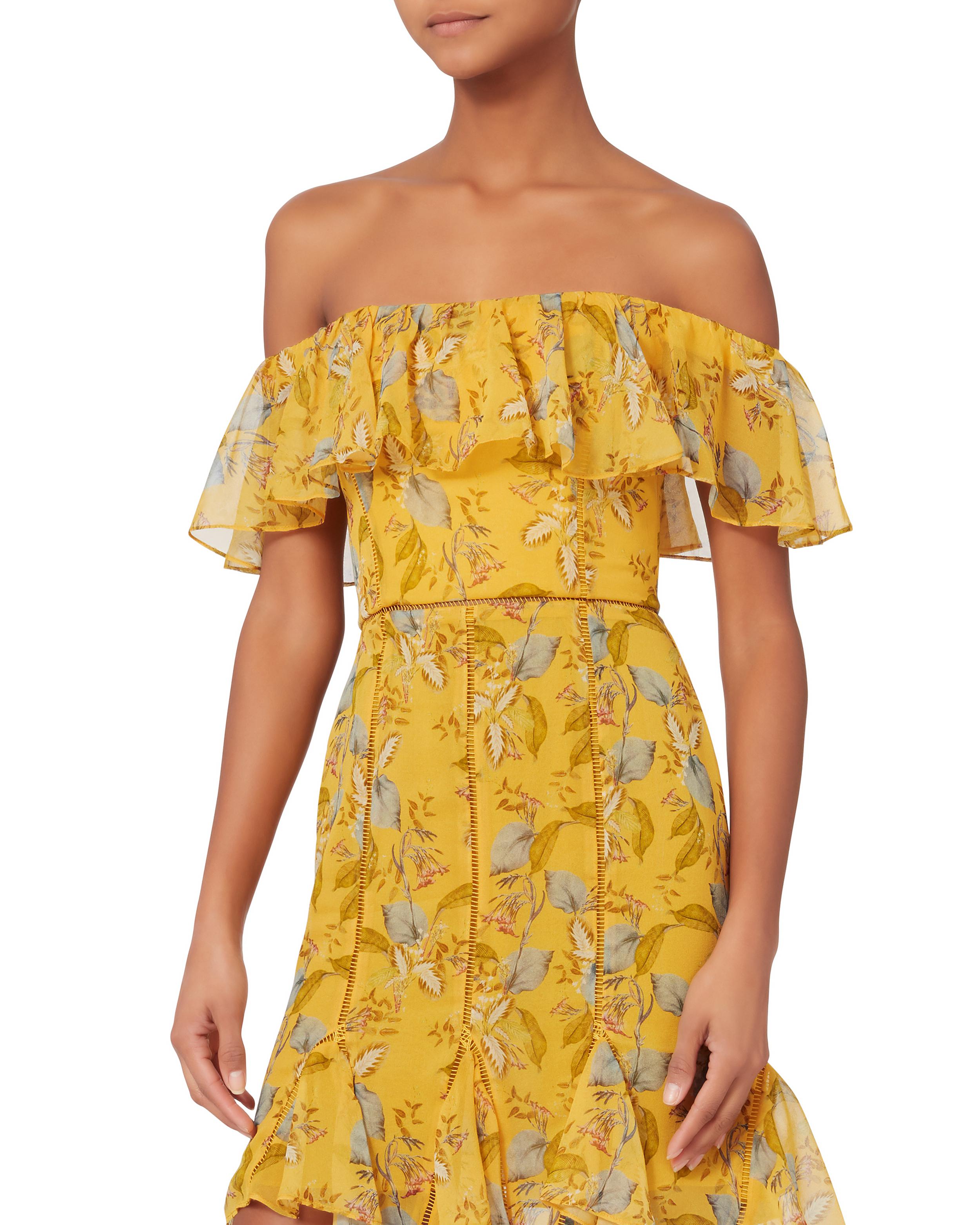 yellow floral off the shoulder dress