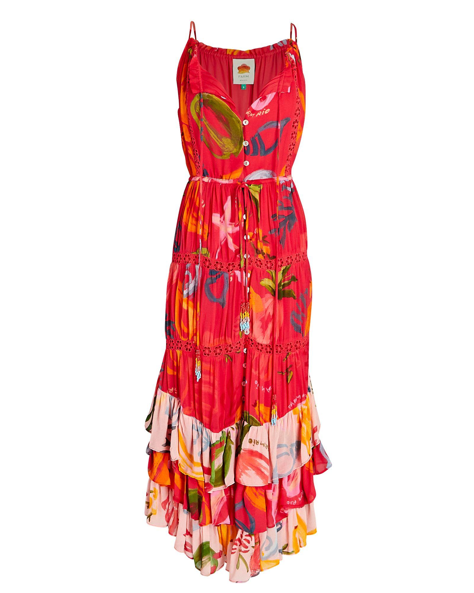 FARM Rio Mixed Fruits Asymmetric Ruffled Midi Dress in Red Lyst