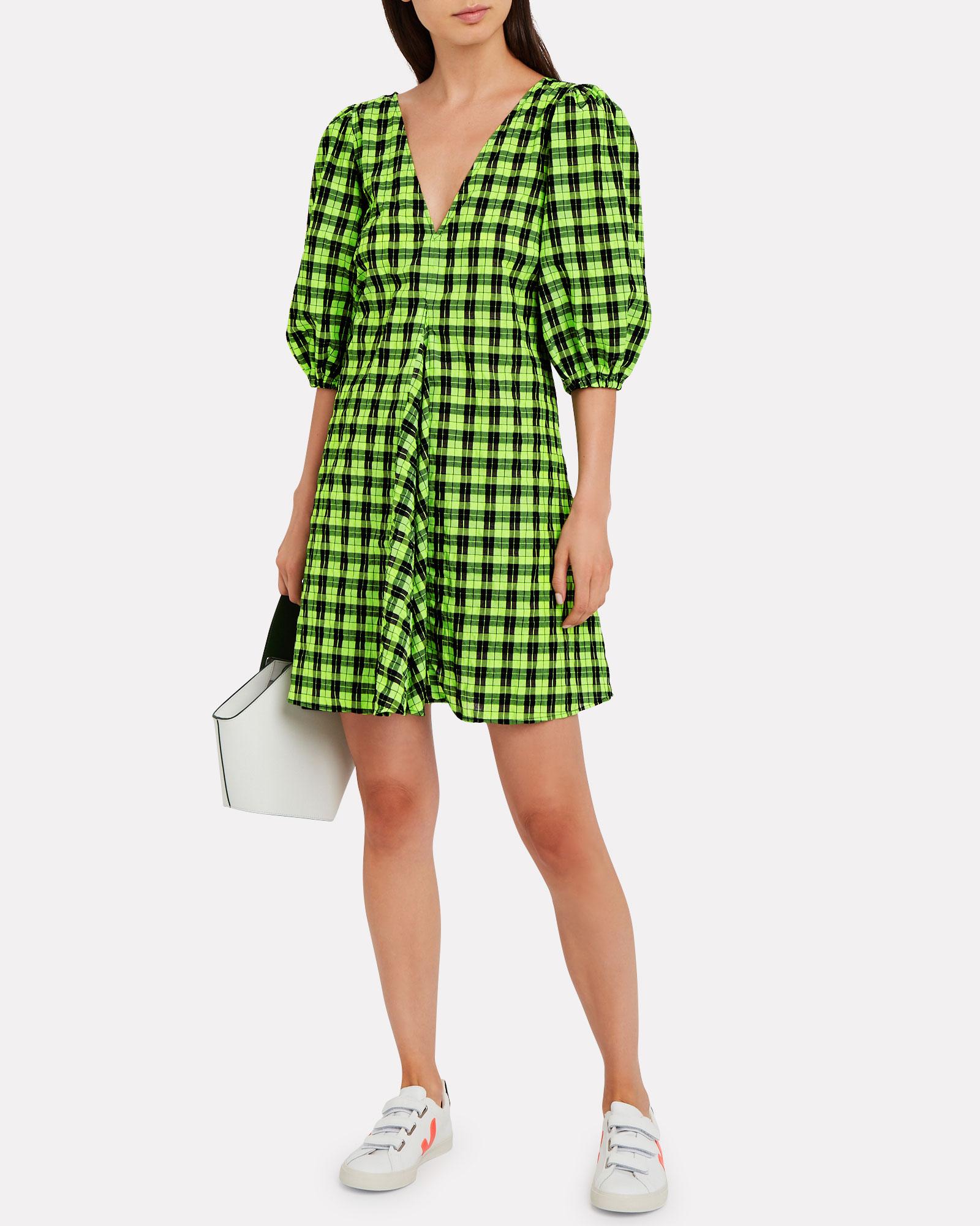 Ganni Seersucker Gingham Mini Dress in Green | Lyst