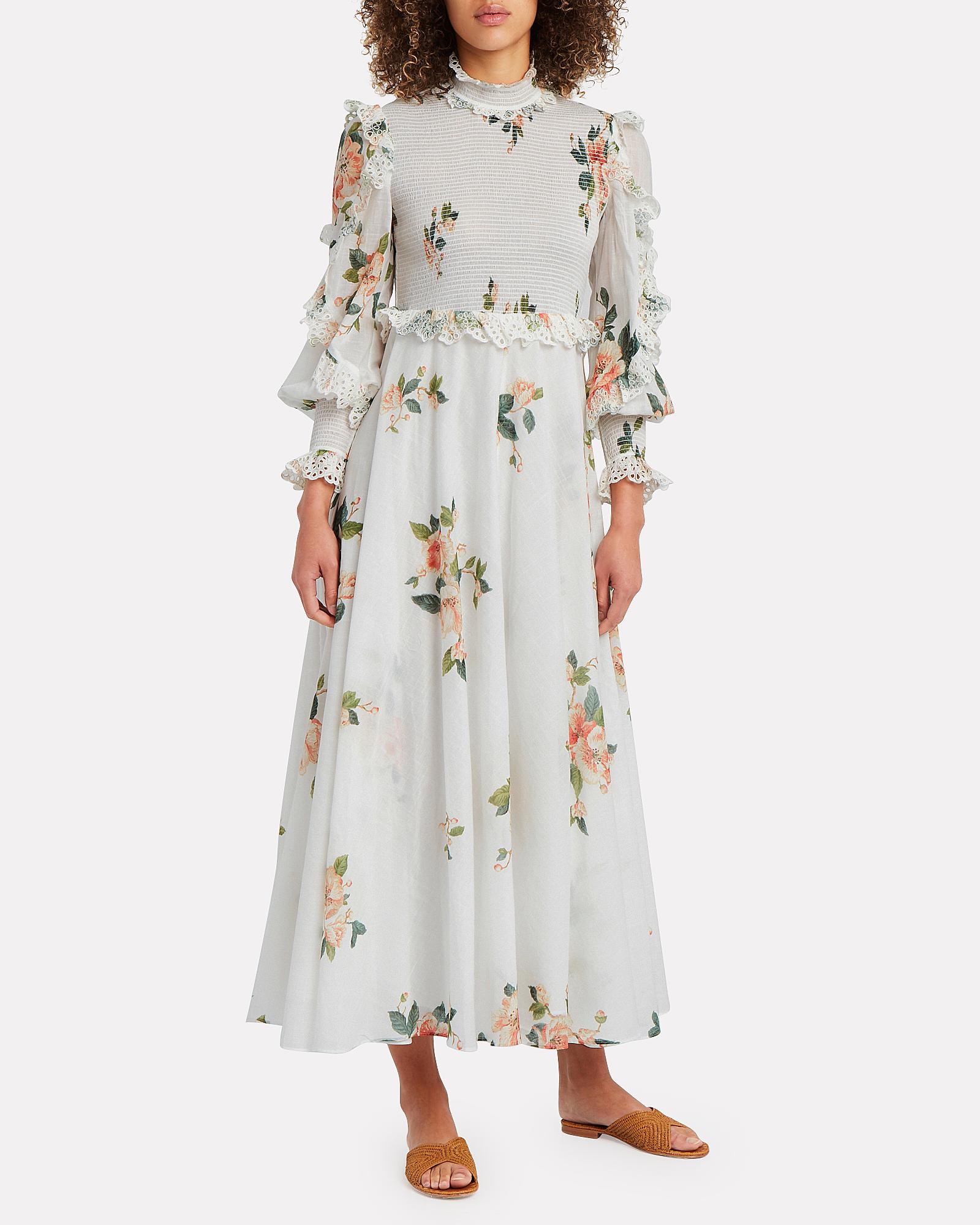 Zimmermann Cotton Kirra Shirred Floral Dress in Ivory (White) - Lyst