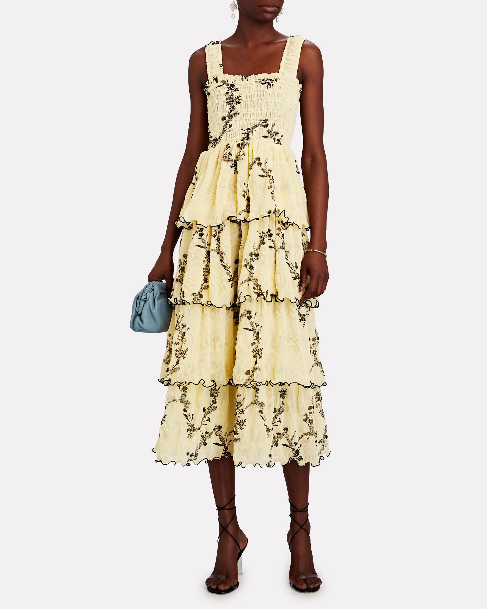 Ganni Tiered Floral Georgette Midi Dress in Yellow | Lyst