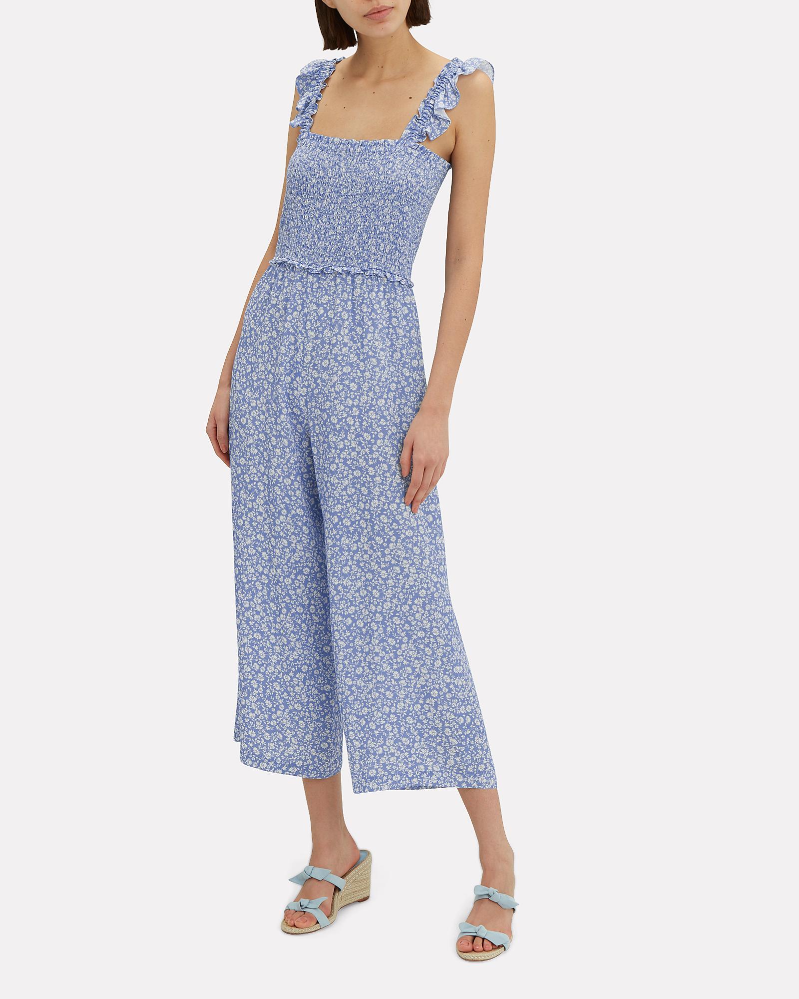 blue and white floral jumpsuit