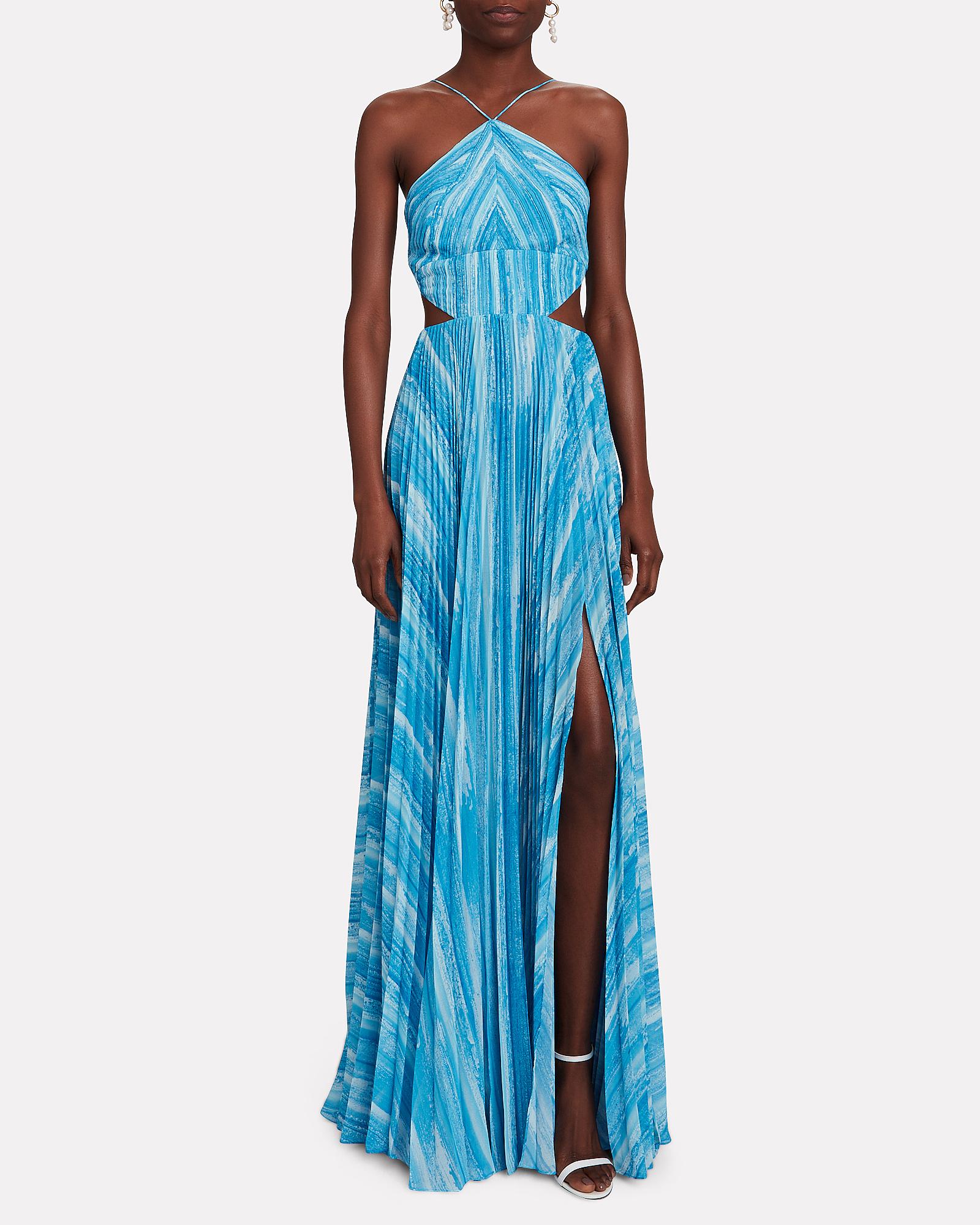 AMUR Janet Pleated Striped Gown in Blue | Lyst