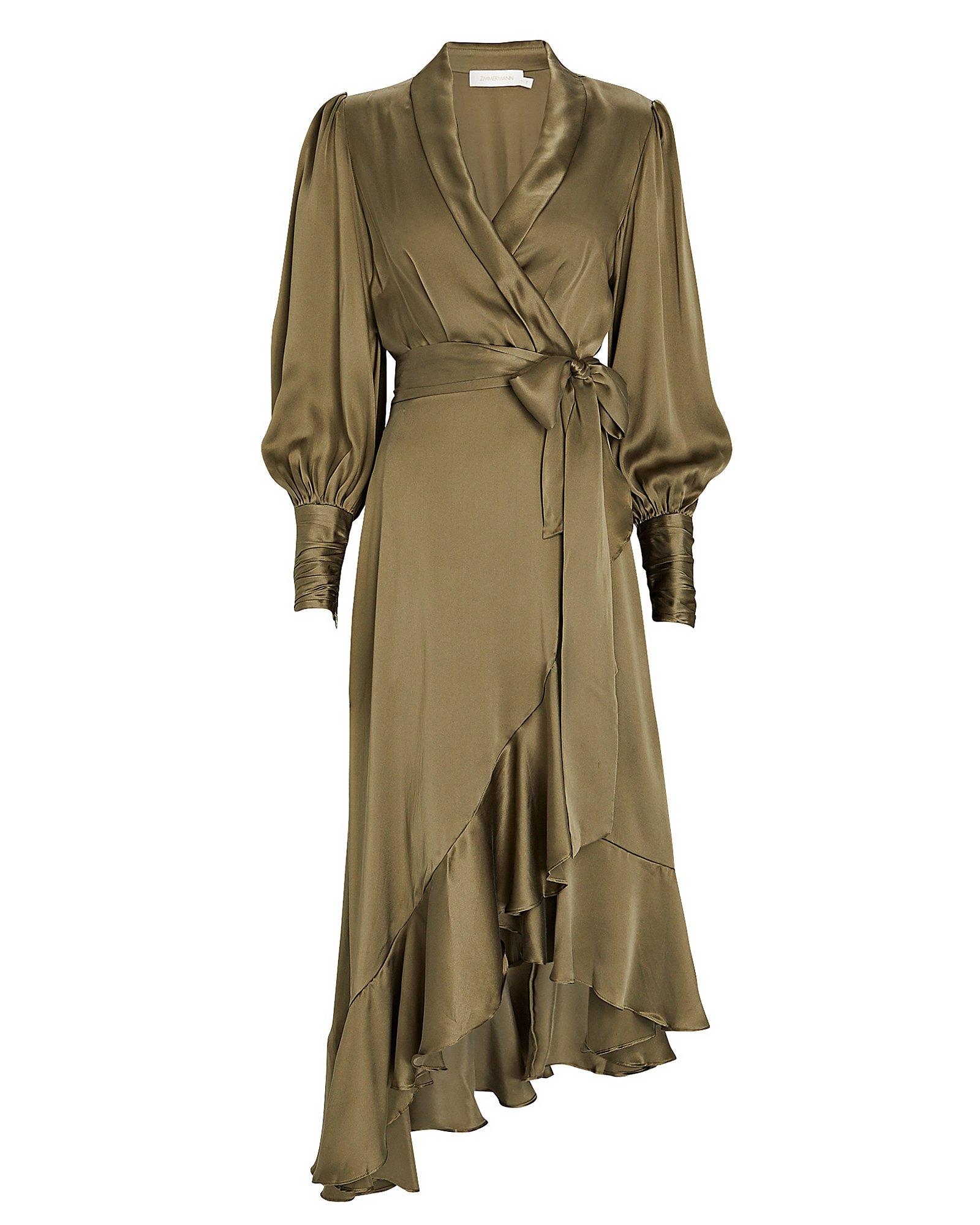 Zimmermann Silk Midi Wrap Dress in Olive (Green) - Lyst