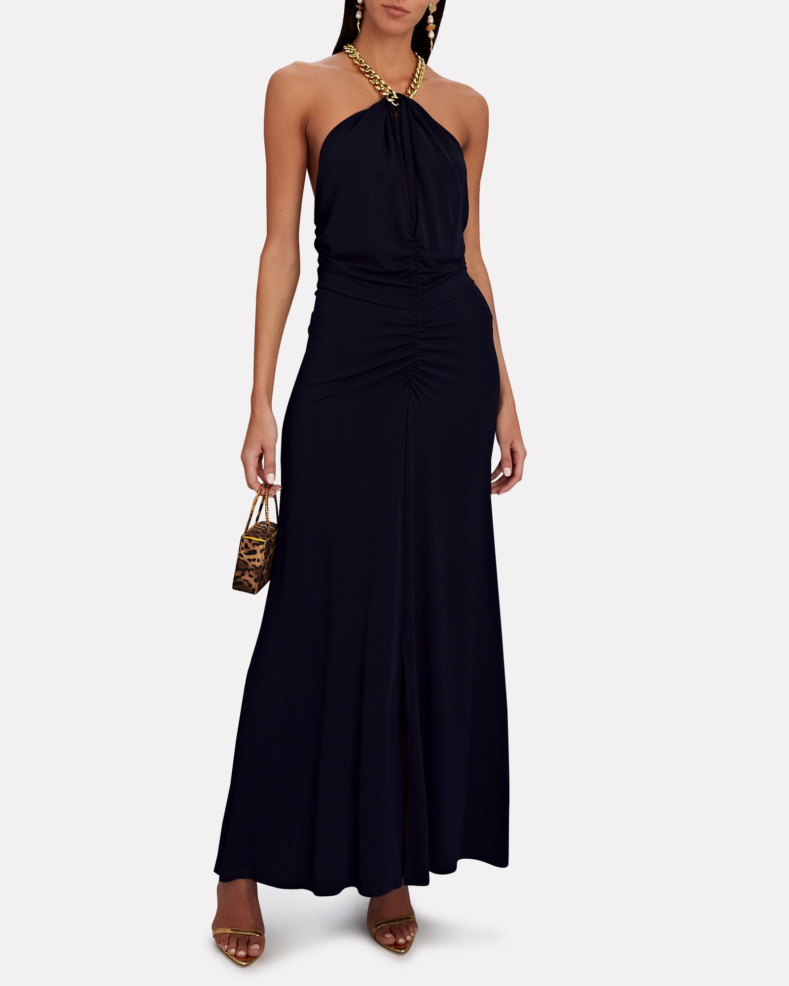 Veronica Beard Reze Jersey Ruched Chain Halter Maxi Dress in Blue