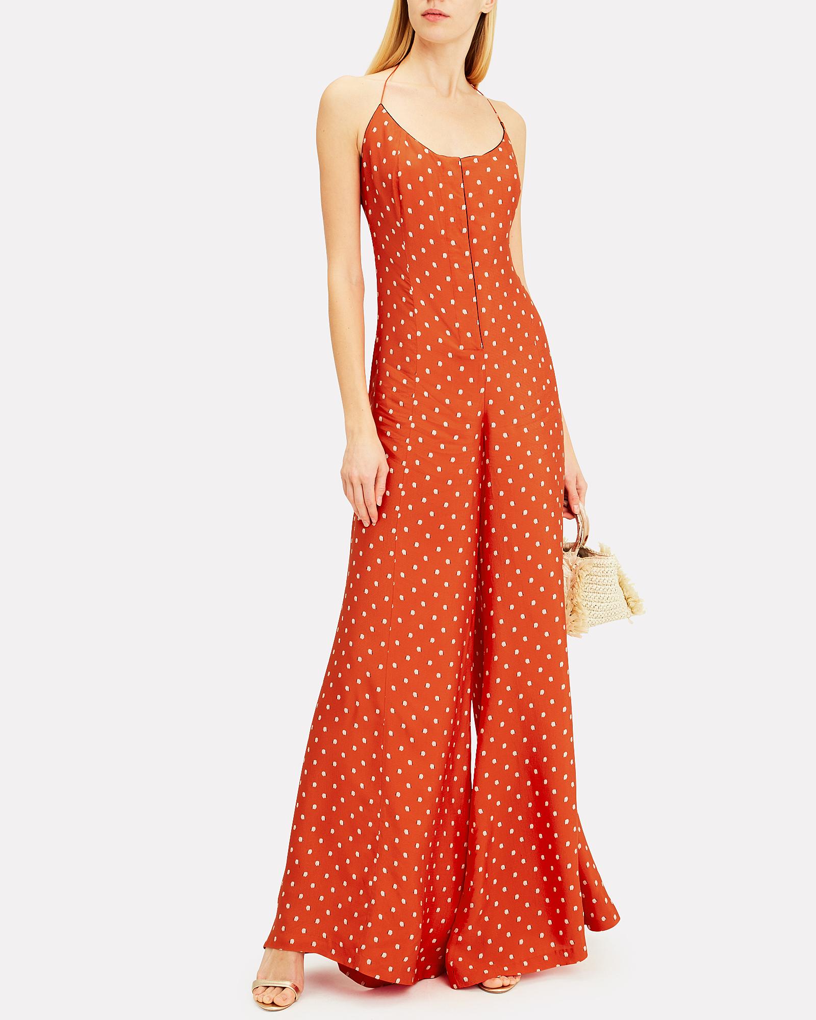 orange polka dot jumpsuit