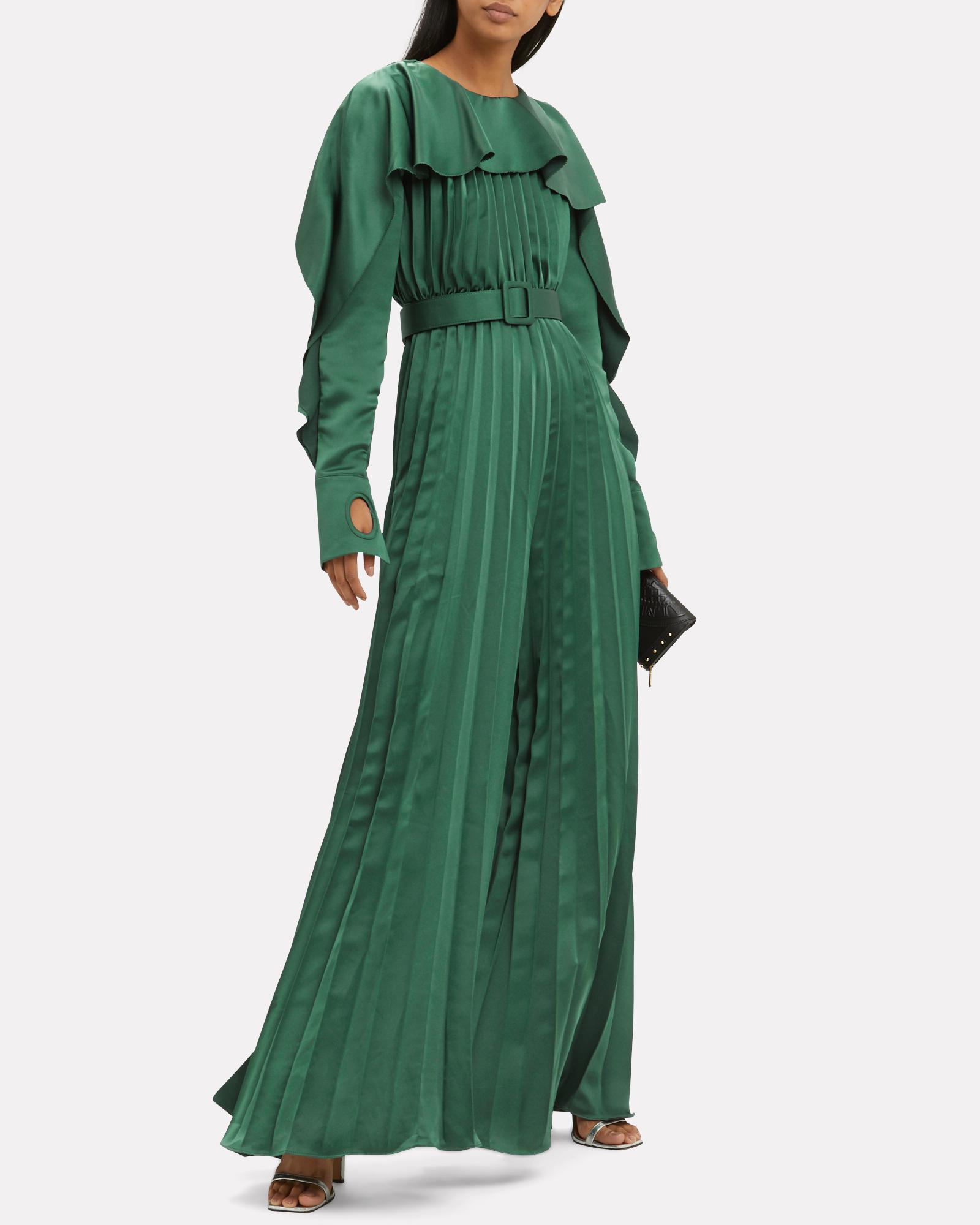 emerald green frill detail pleated midi dress