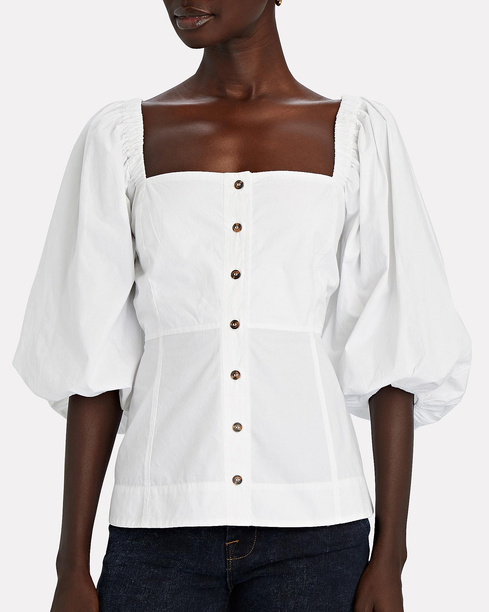 Ganni Cotton Puff Sleeve Poplin Top in 