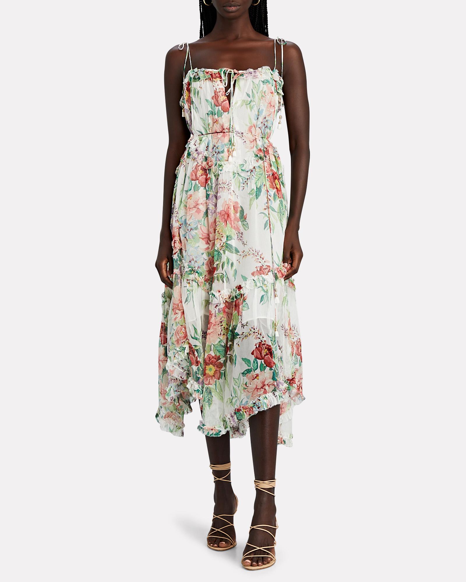 Zimmermann Silk Bellitude Floral Tieshoulder Midi Dress in Ivory/Light