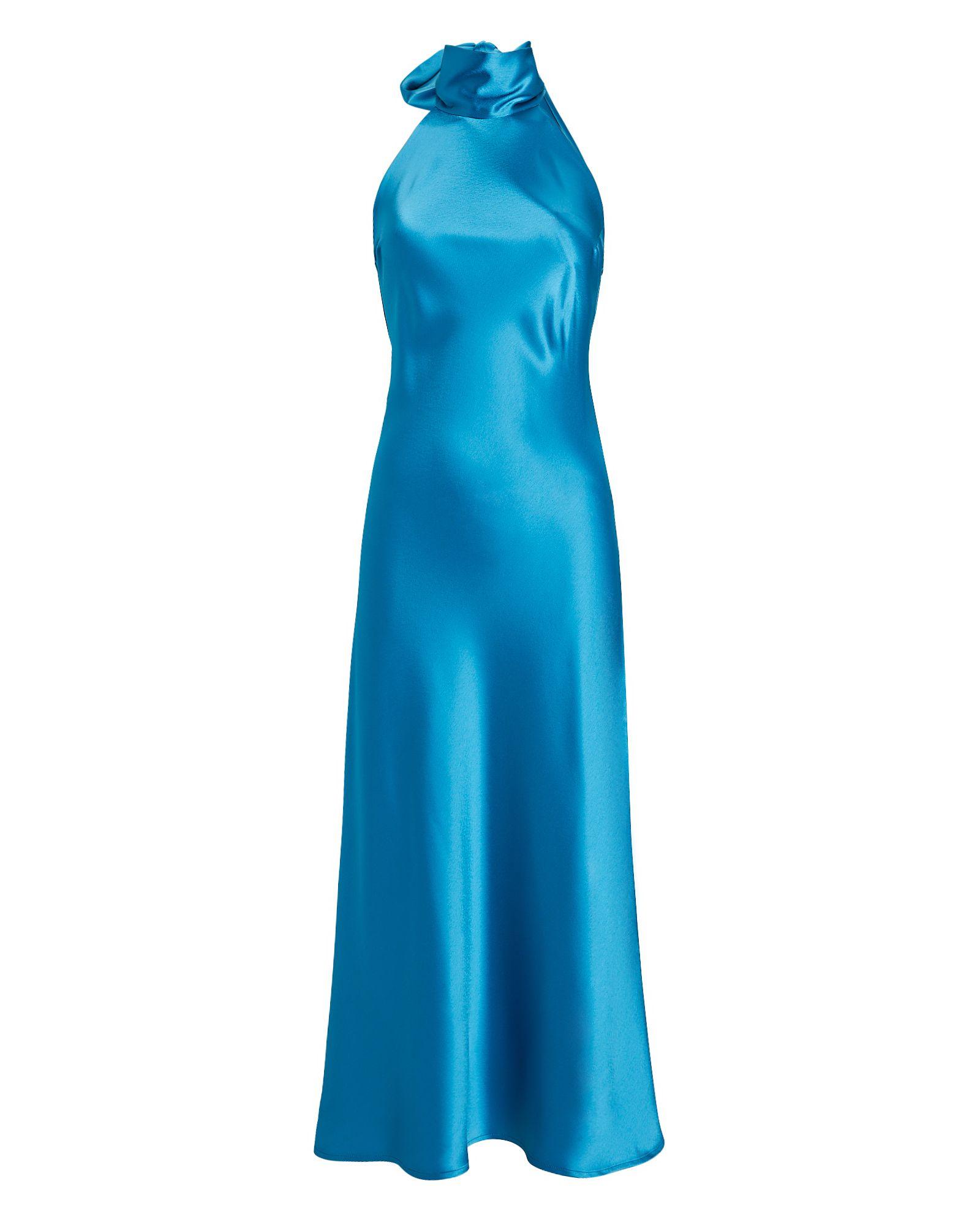 Galvan London Sienna High Neck Midi Satin Dress in Blue Lyst