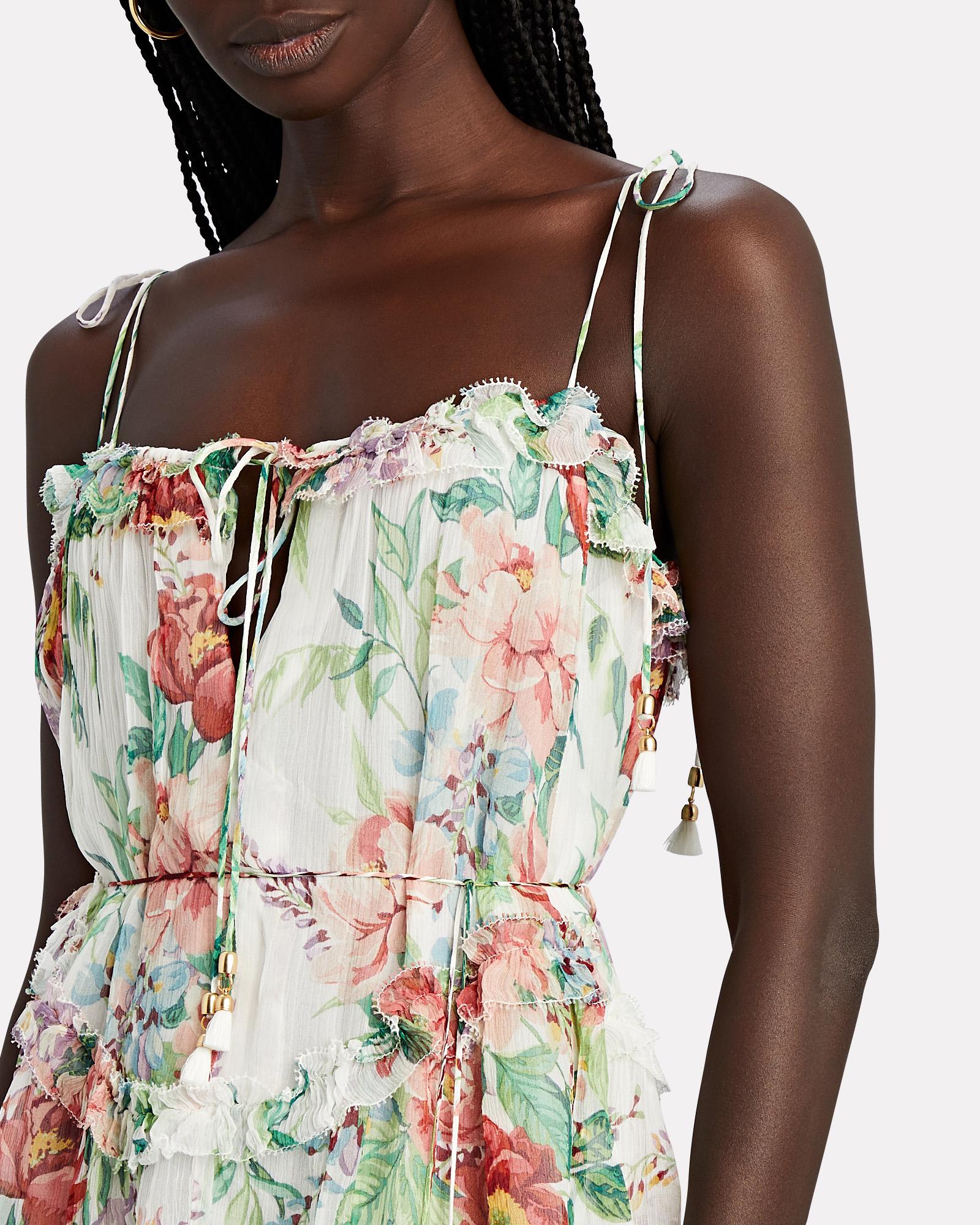 Zimmermann Silk Bellitude Floral Tieshoulder Midi Dress in Ivory/Light