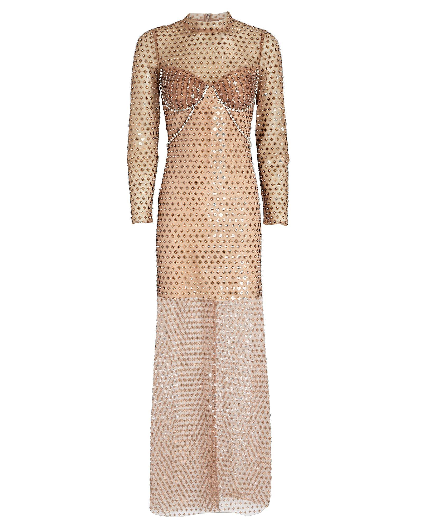 Self-Portrait Dot Sequined Mesh Maxi Dress in Natural | Lyst