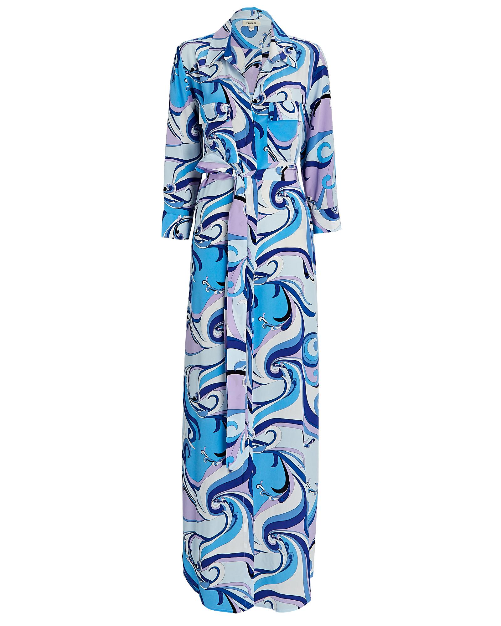 L'Agence Cameron Belted Printed Silk Shirt Dress in Blue | Lyst