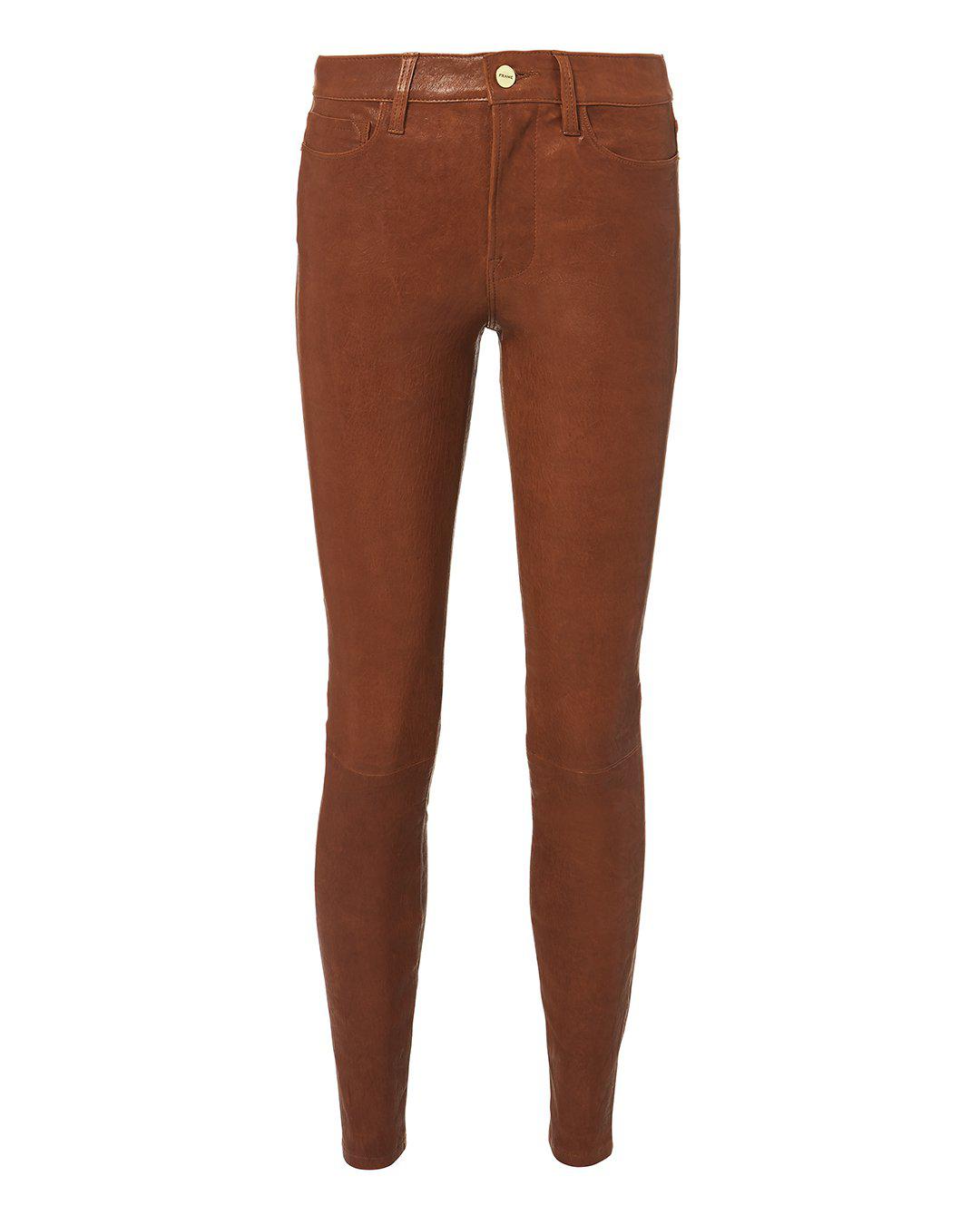 FRAME Cognac Skinny Leather Pants in Brown | Lyst